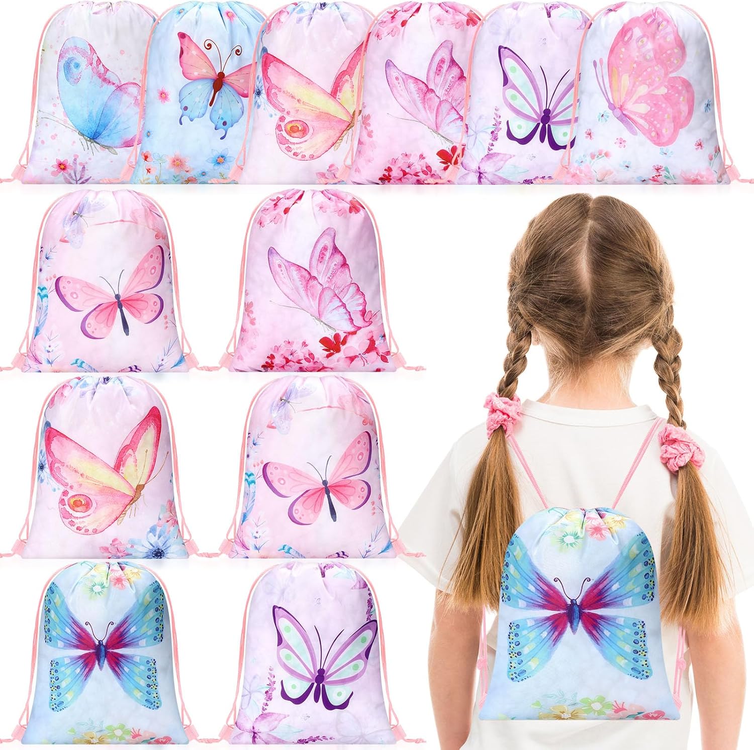 Paterr 12 Pieces Butterfly Drawstring Bags Backpack Bulk Butterfly Party Favor Bags Butterfly Themed Candy Gift Goodie Bag for Girls baby shower Butterfly Birthday Party Favors Decoration Supplies