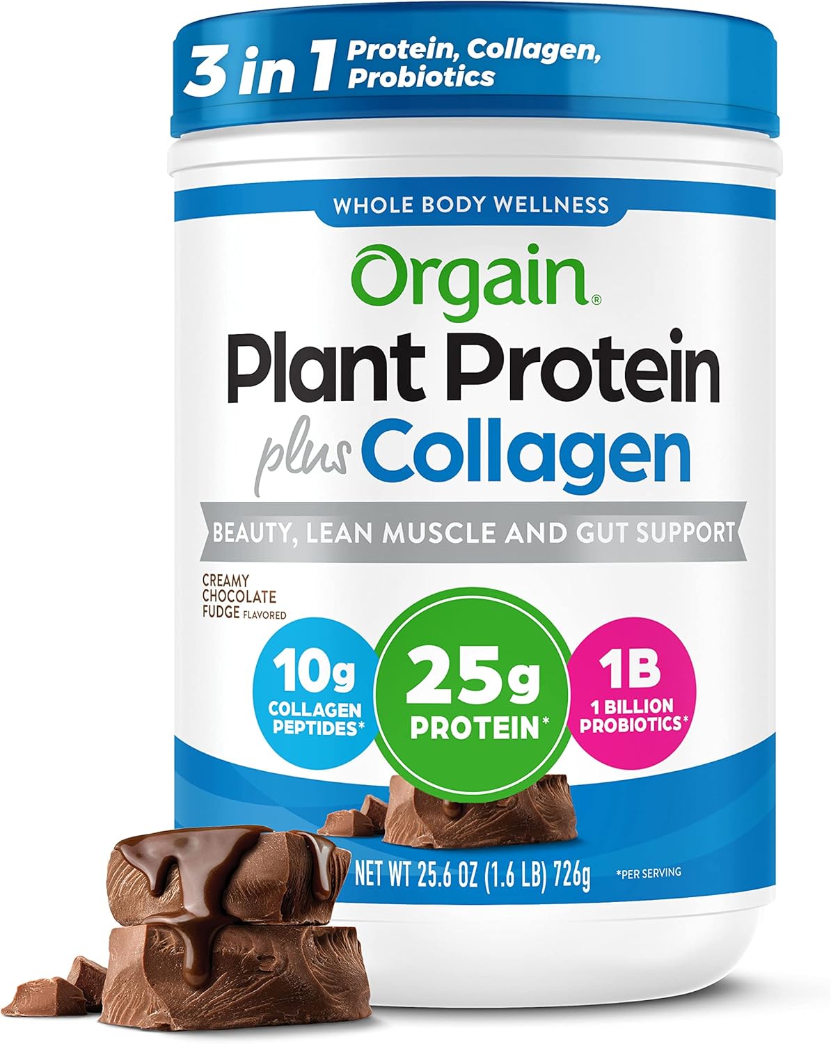 Orgain Protein Powder + Collagen, Creamy Chocolate Fudge - 25g of Protein, 10g Collagen Peptides, Type I & III, 1B CFU Probiotics, Supports Hair, Skin, Nail, Joint & Gut Health, Gluten Free - 1.6lb