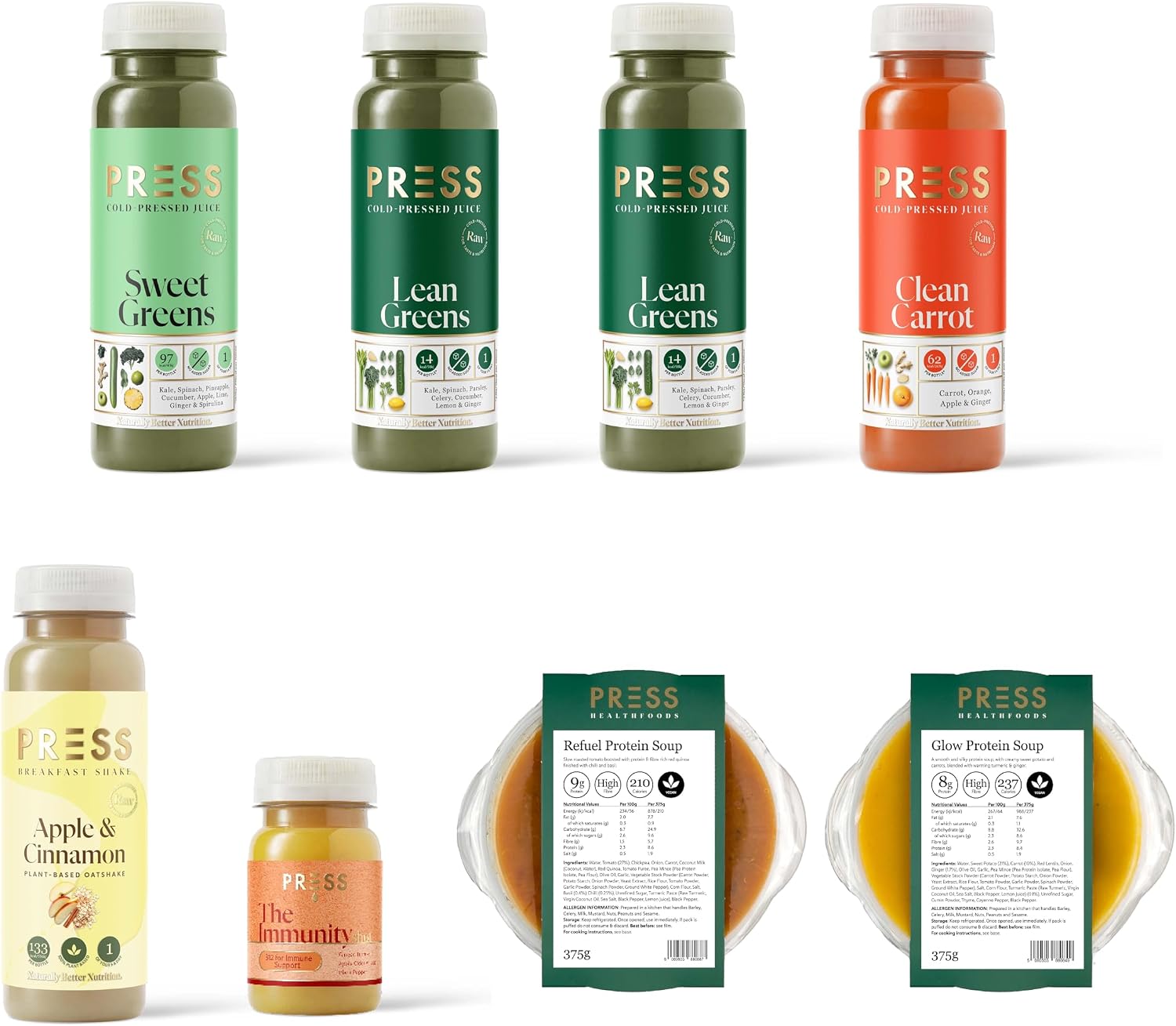 PRESS Healthfoods 48 Hour Detox Cleanse | Detox Drinks for Body Cleanse | Supports Colon & Gut Health Reset | Cold Pressed Green Juices, Carrot Juice, Ginger Shots & Warming Protein Soups