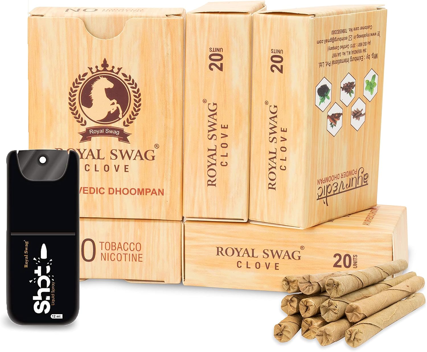 ROYAL SWAG Ayurvedic & Herbal Long Filtered Bidi Smoke (Pack of 5 X 20 Bidi Sticks Per Pack) with 12 ml Shot to Stop Nicotine Craving Tobacco Free Dhoompan (100 Sticks, 1 Shot)