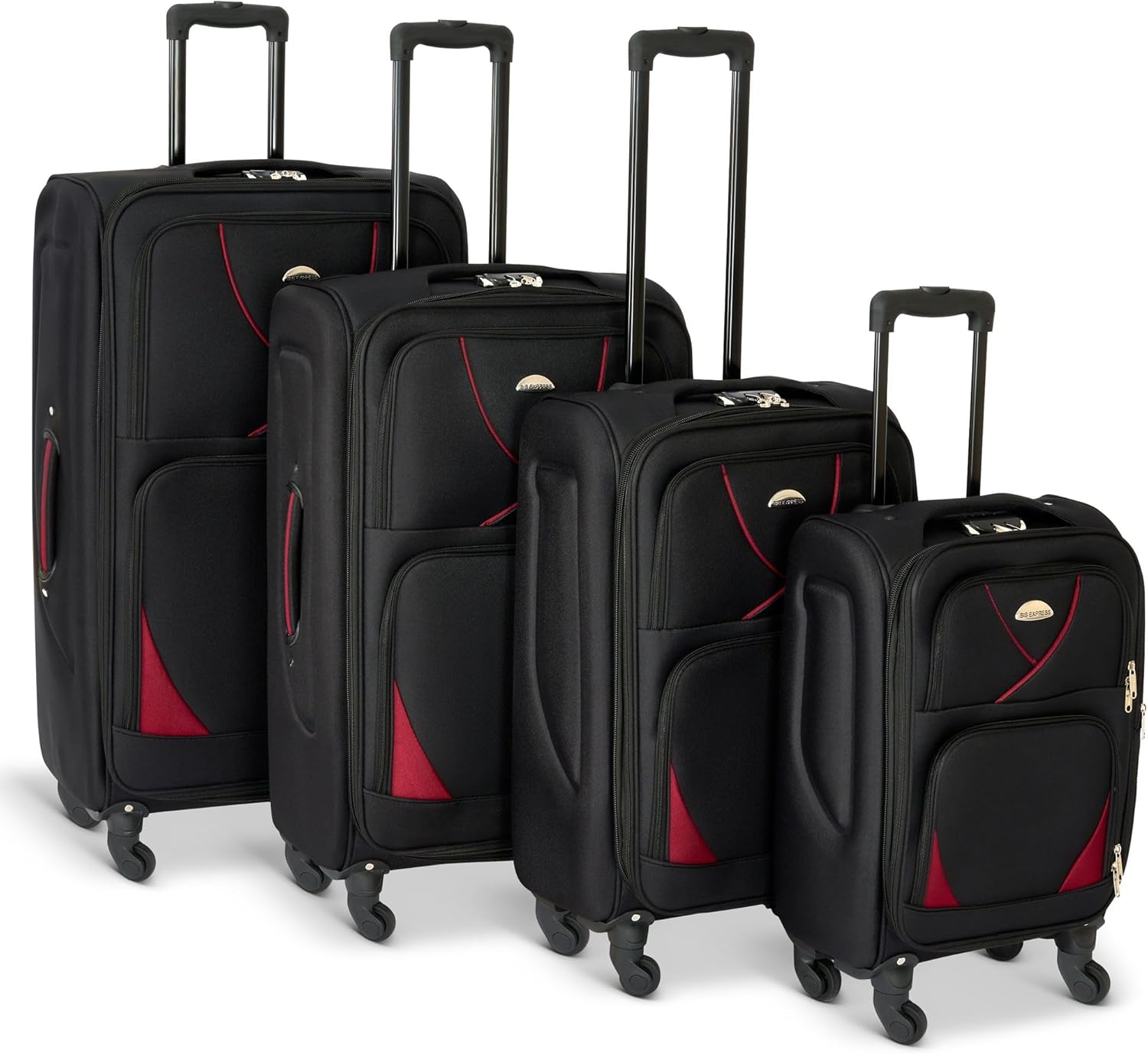 Bravich 4-Piece Soft Shell Suitcase Set - Black/Red. Spacious Suitcases with Spinner Wheels, TSA Lock - 20", 26", 28" & 32" Size