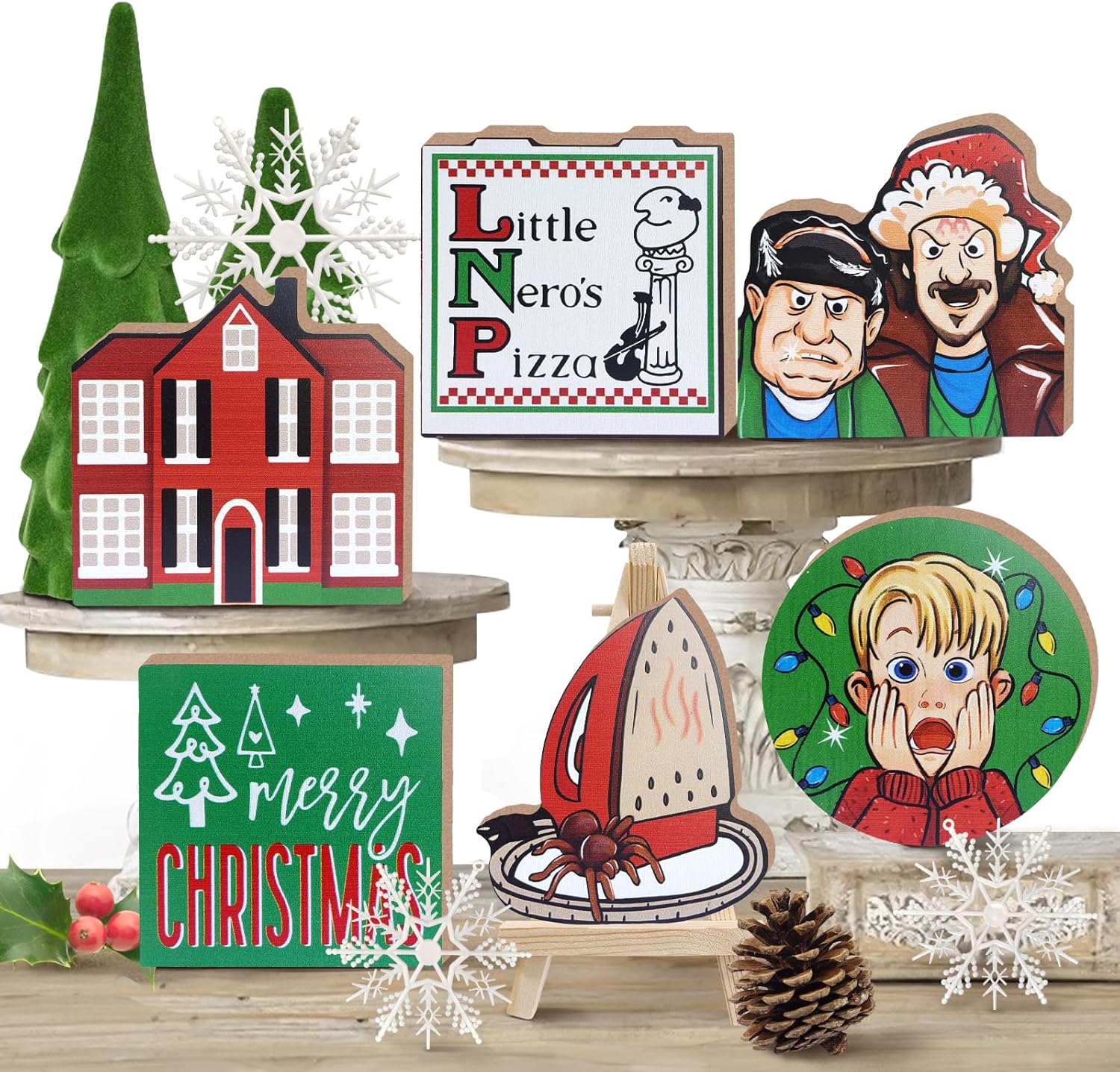 Merry Christmas Tiered Tray Decor, Christmas Classic Movie Tray Decorations, Xmas Alone Boy Kevin Thieves Wooden Signs, Funny Holiday Rustic Farmhouse Home Decor for Table Shelf Mantel Party
