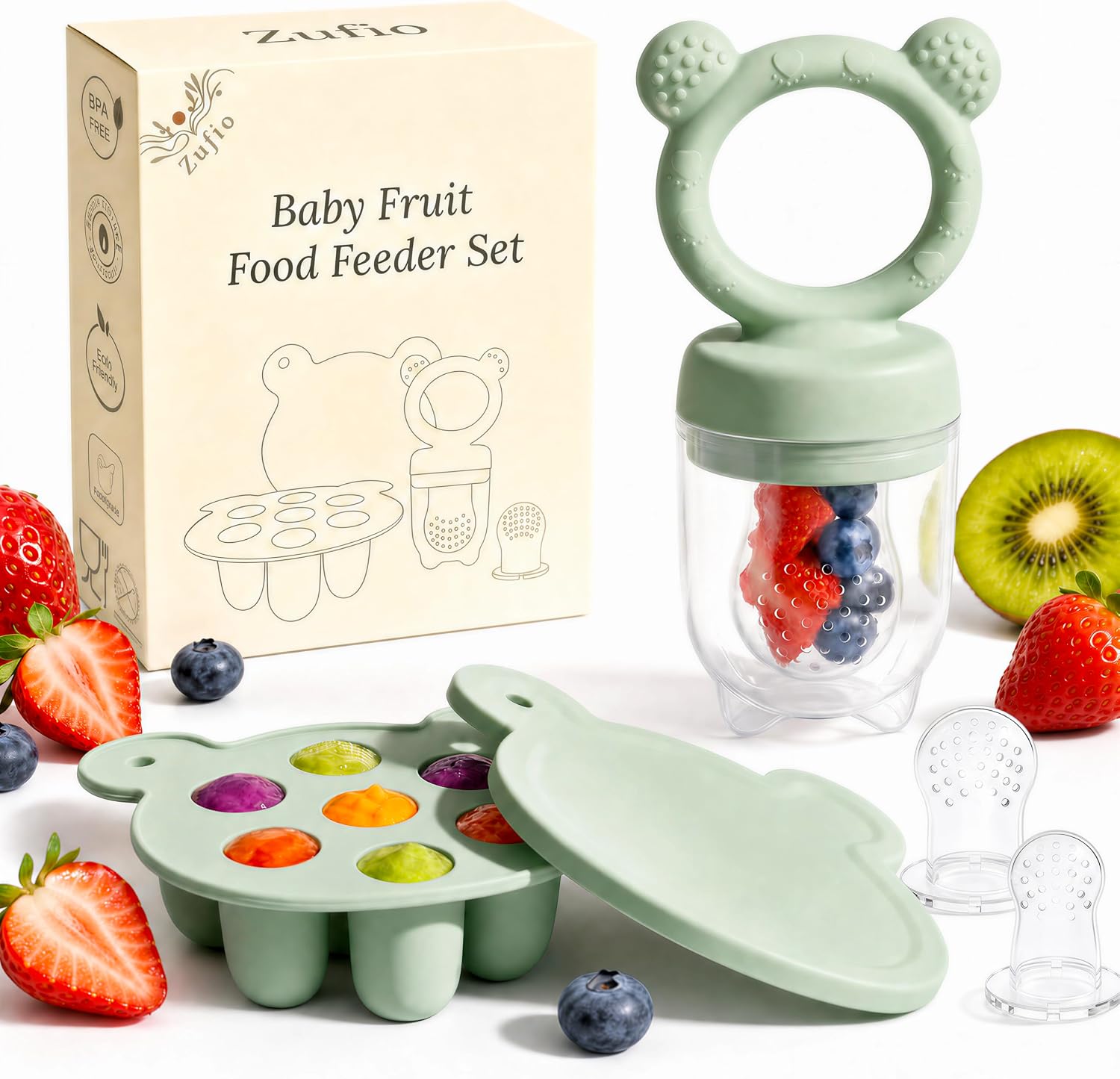 ZUFlO Baby Fruit Feeder Teething Dummy, 3 Silicone Teats, 4M+