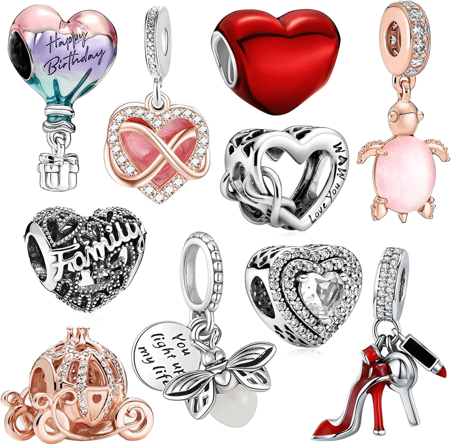 10 Pack Silver Charms for Pandora Bracelets and Necklaces Charms for Women CZ Pendant Jewelry Charm Set