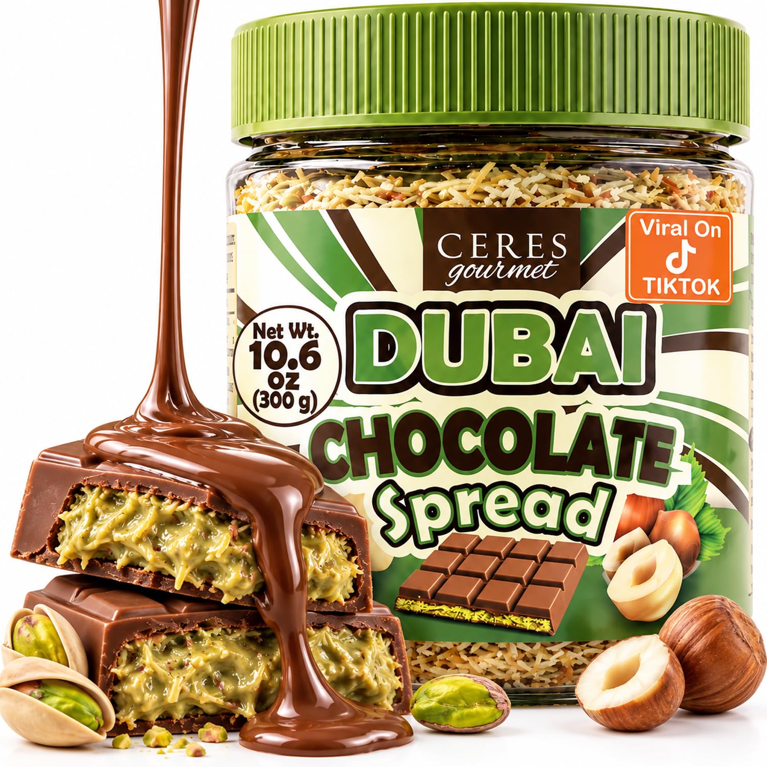 Dubai Chocolate Spread 10.6 oz Jar with Pistachio Cream and Crispy Kataifi