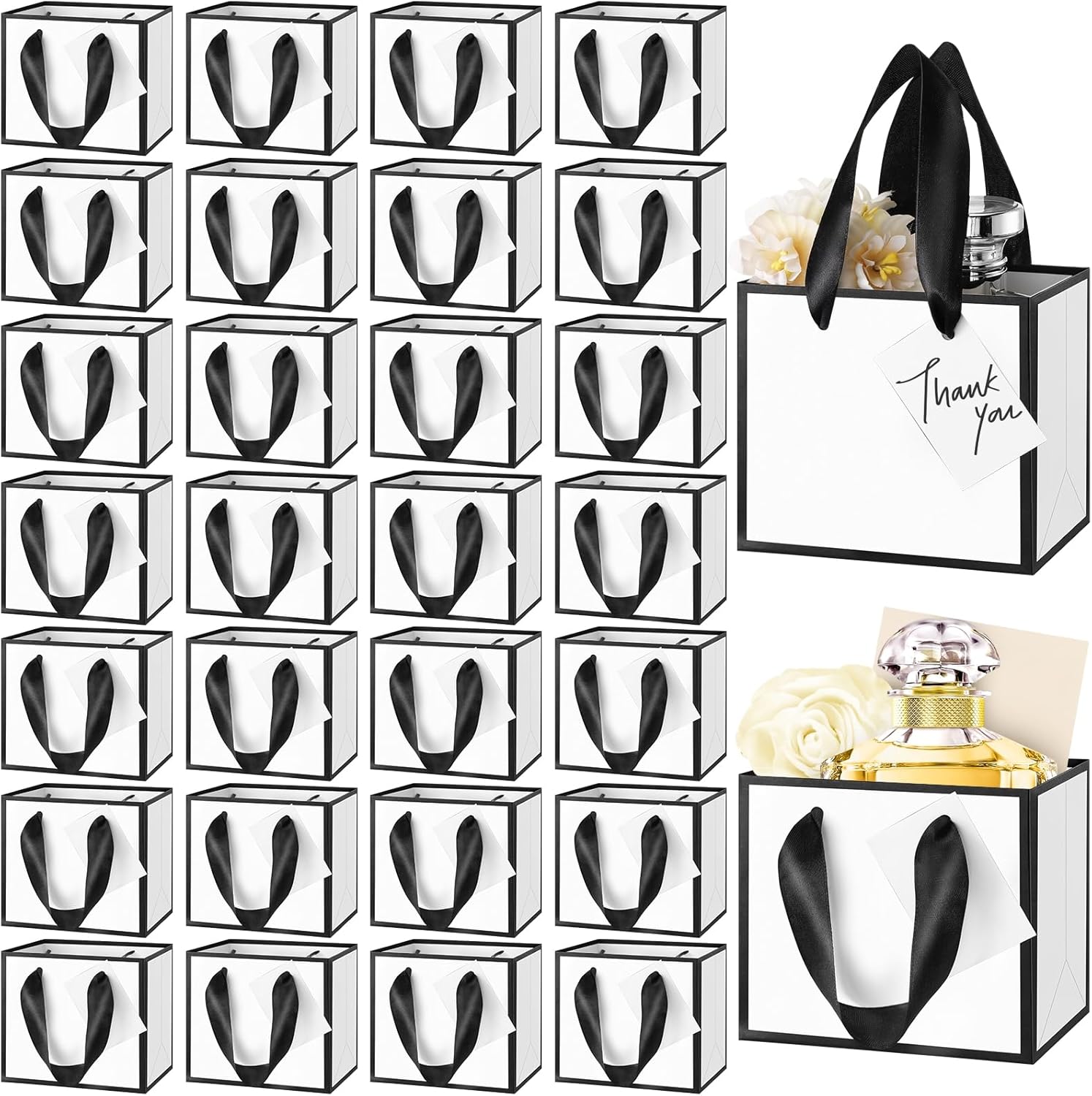 Yeaqee 50 Pcs Mini Metallic Foil Gift Bags with Handles 4x4. 75x2. 25'' Tiny Thank You Favor Bag Bulk with Tag for Father's Day Graduation Wedding Birthday Bridal Shower Party Favor(White, Black)