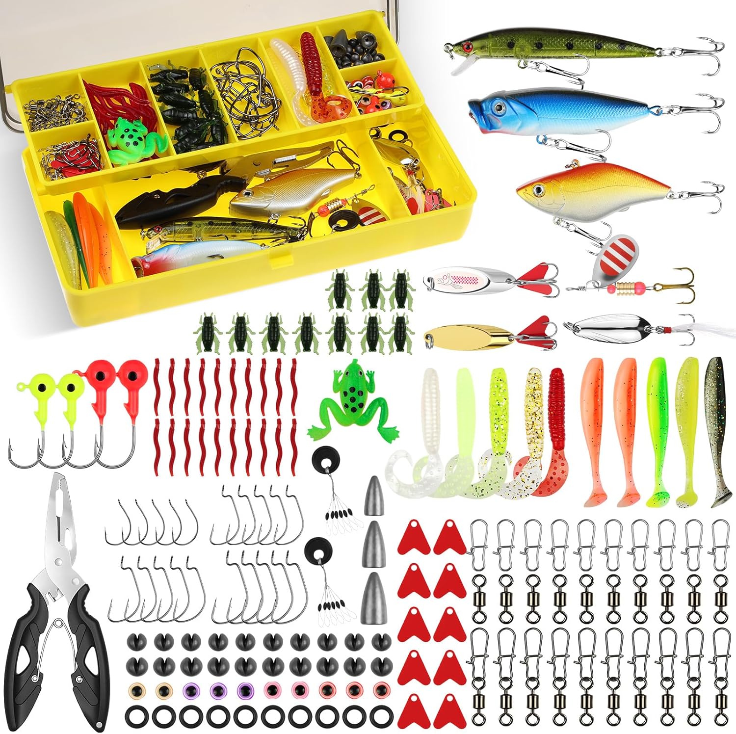 Vicloon Fishing Lures Set,158pcs Fishing Lures Accessories Set Mixed,Baits Kits Mixed Tackle Including Minnows,Wave Bait,Soft Gel Worms,Fish hooks,Pliers and Tackle Box