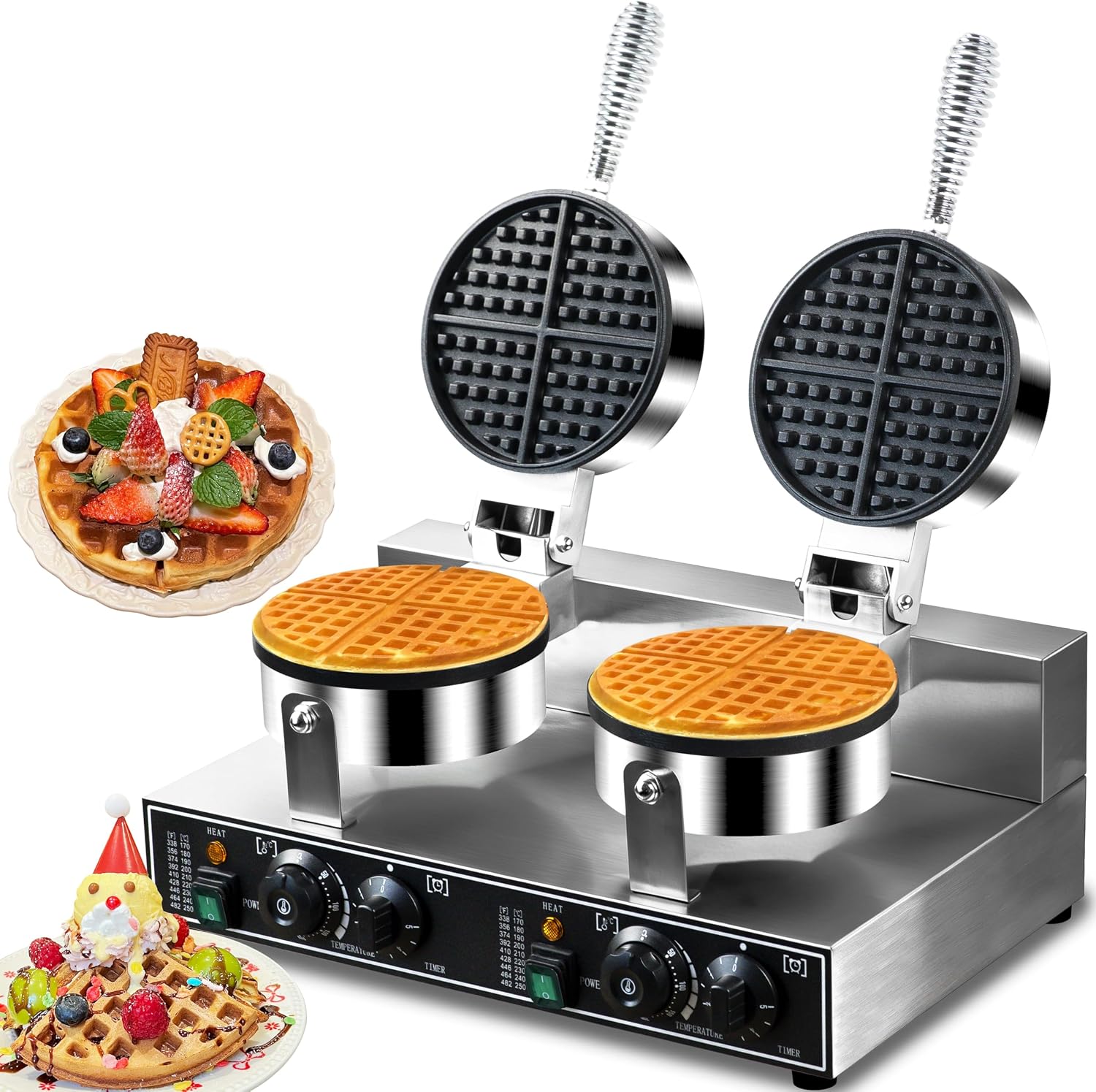 110V 2600W Commercial Double Waffle Maker,Non-Stick Commercial Waffle Baker,Stainless Steel Belgian Waffle Iron for Restaurant Party Food Stall, Bakery Snack Bar Family