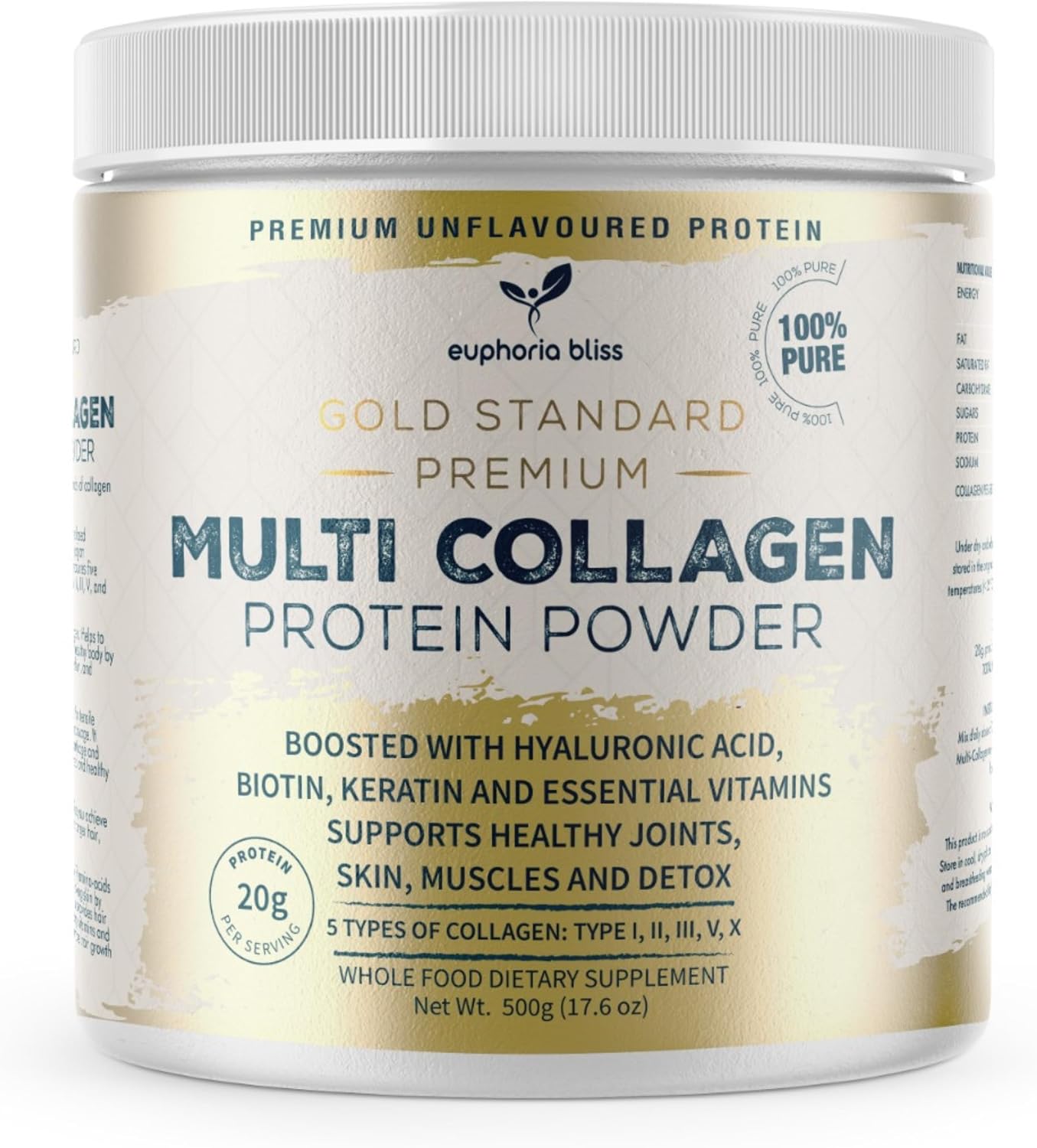 Multi Collagen Protein Powder with Hyaluronic Acid, Biotin, Keratin & Vitamin C for Women & Men | Unflavoured | Types I, II, III, V & X, Bovine | Fish | Chicken & Eggshell | Halal 500G