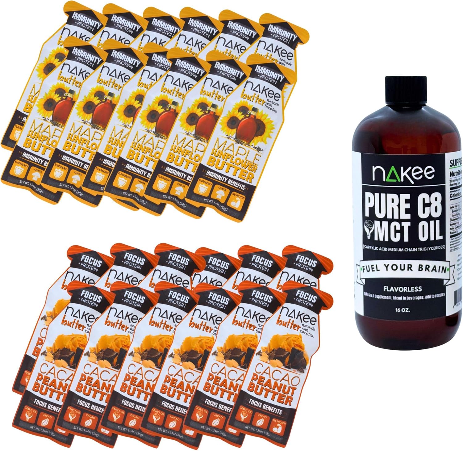 Mind & Body Support Pack: 16oz MCT Oil with 12-Ct Protein-Rich Immunity & 12-Ct Focus Sticks – 2 Week Supply