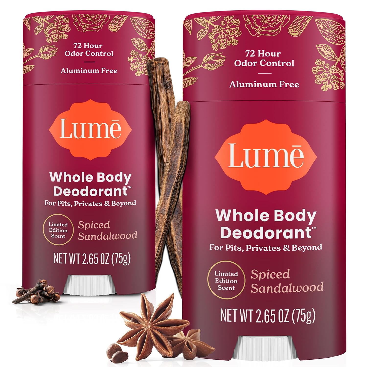 Lume Whole Body Deodorant - Solid Stick - 2.6 oz, 2 pk (Spiced Sandalwood)