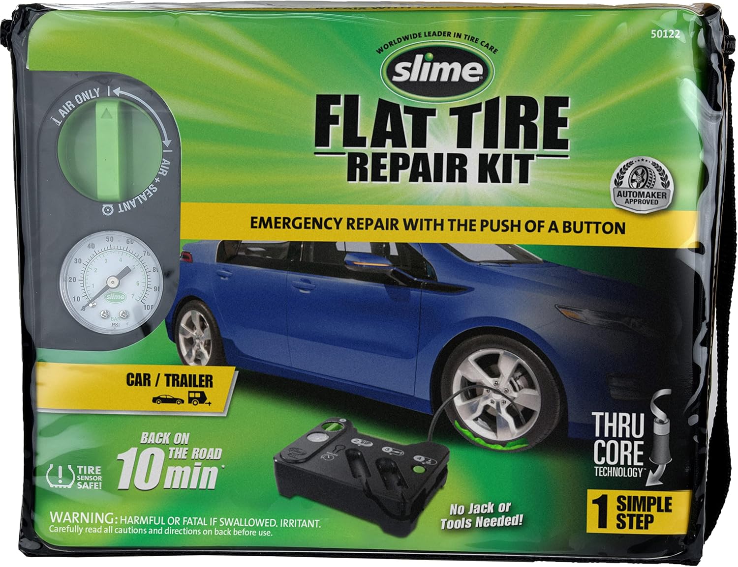 Slime 50122 Flat Tire Puncture Emergency Kit, Includes Sealant and Tire Inflator Pump, Analog, Suitable for Cars and Other Highway Vehicles, 10 Min Fix