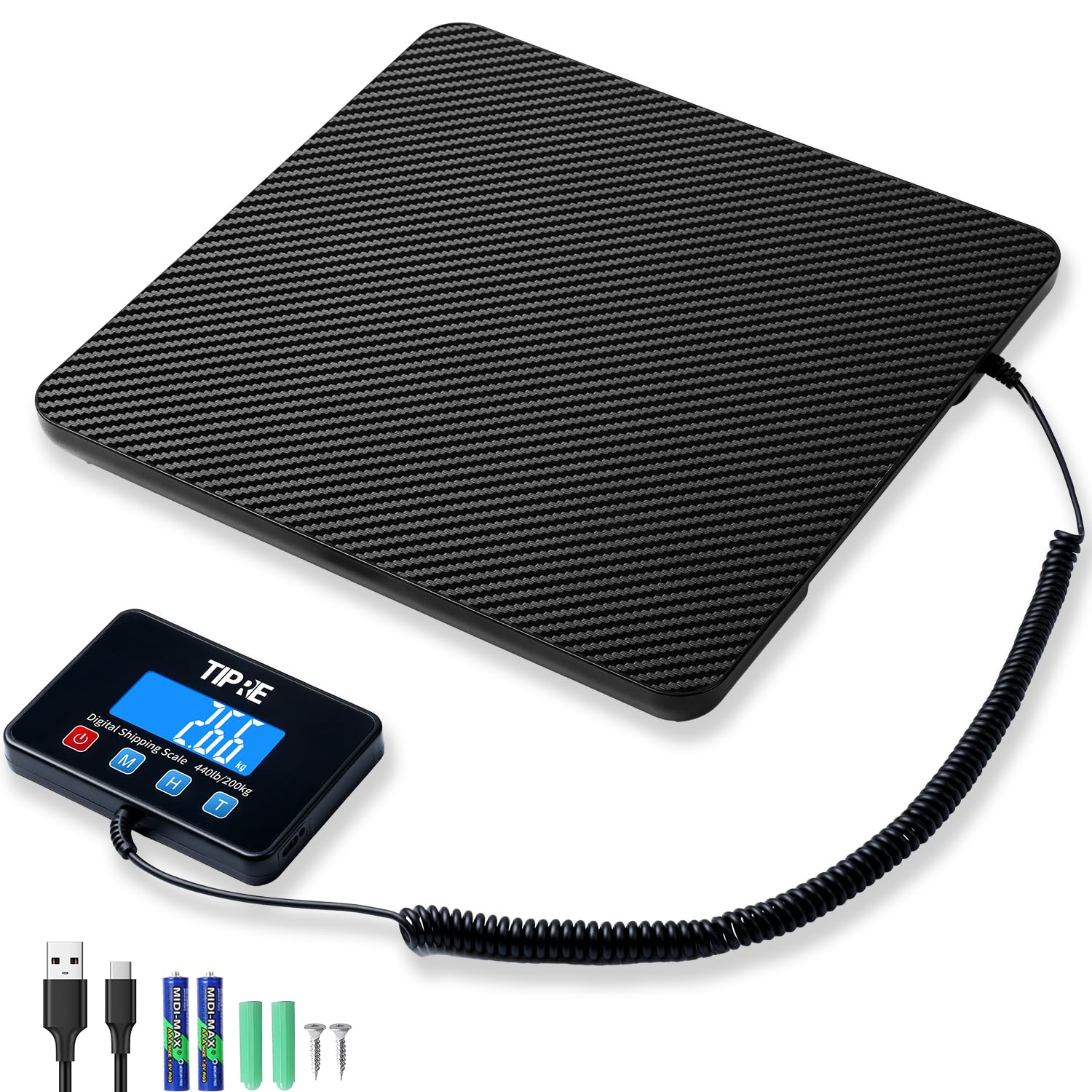 TIPRE Shipping Scale 440lbs for Packages,Lightweight Carbon Fibre Heavy Duty Digital Postal Scale,0.5 oz High Accuracy Commercial Scale with Charging Cable & Batteries for Small Business,Warehouse