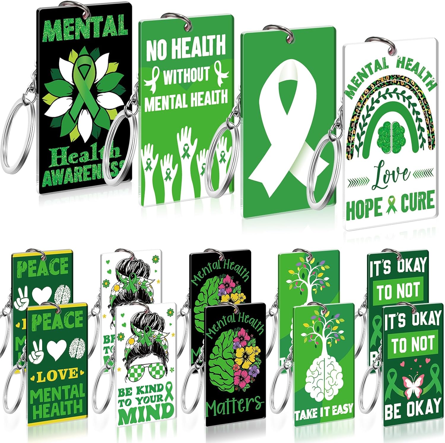 Kenning 72 Pcs Mental Health Awareness Keychain Green Ribbon Awareness Acrylic Keychain Inspirational Positive Key Ring Mental Health Gifts for Men Women Charity Events, 9 Style