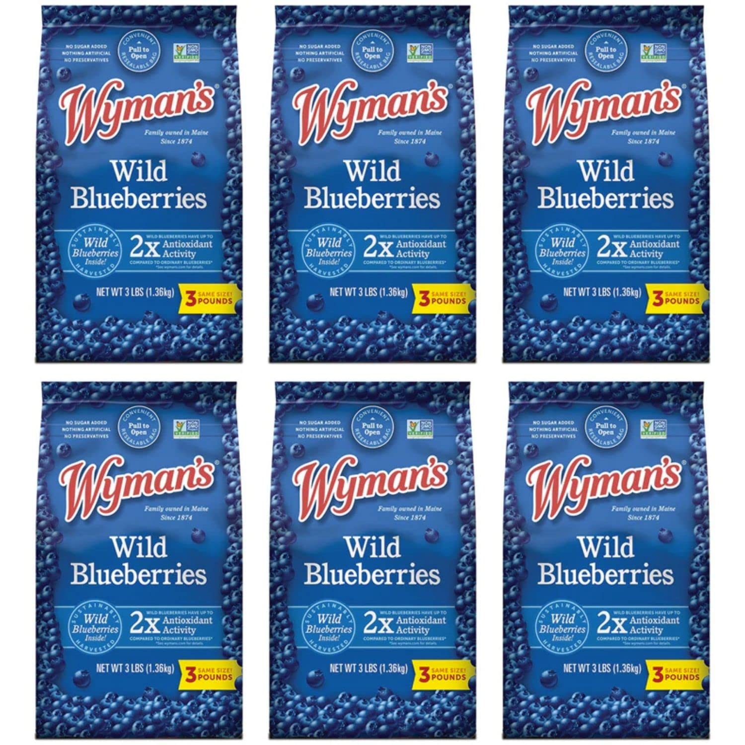 Wyman's Frozen Wild Blueberries, Non-GMO, 3 lb Bag, 6 Pack (18 lbs Total)