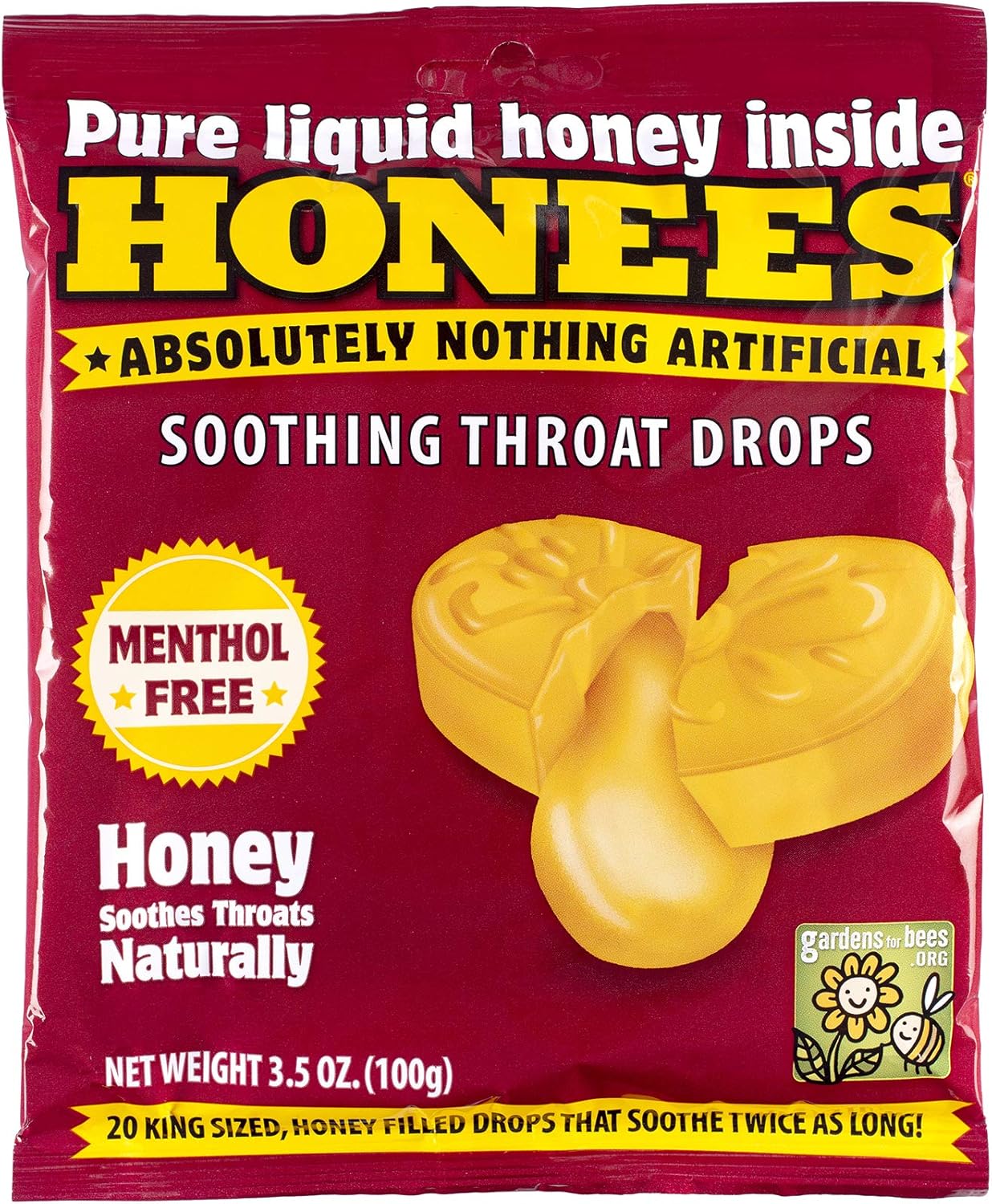 Honees Honey Filled Cough Drops - 20-Piece Single Pack Menthol-Free Lozenges | Temporary Relief from Cough | Soothes Sore Throat | All Natural