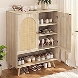 IDEALHOUSE Rattan Shoe Cabinet with Doors, 4-Tier Shoe Storage Cabinet for Entryway, Shoe Rack Organizer Cabinet with Woven Rattan Doors and Adjustable Shelves for Entryway, Hallway, Living Room