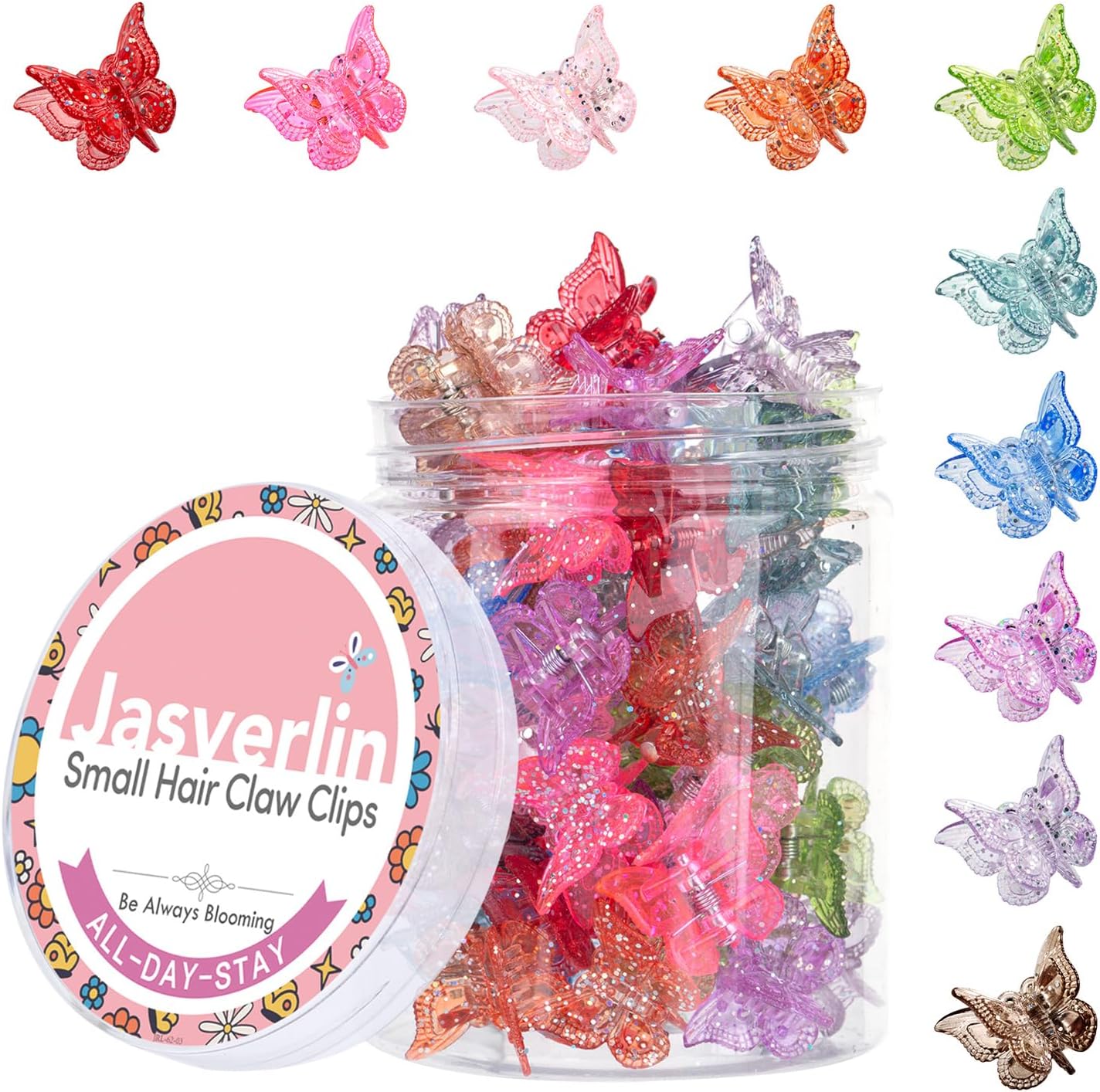 JASVERLIN Glitter Small Butterfly Hair Clips, Sparkly Colorful Hair Accessories for Girls and Women - 90s Y2K Cute, Mini, Tiny Claw Clips in 10 Assorted Colors, Set of 50 (Glitter Color)