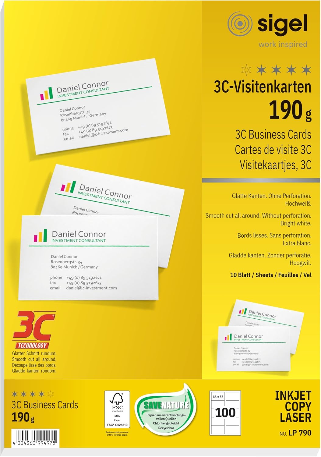 SIGEL LP790, 85x55 mm (A4), Business Cards, 3C, smooth cut all around, 190 gsm, printable, bright White, 100 Piecesequal to10 sheets