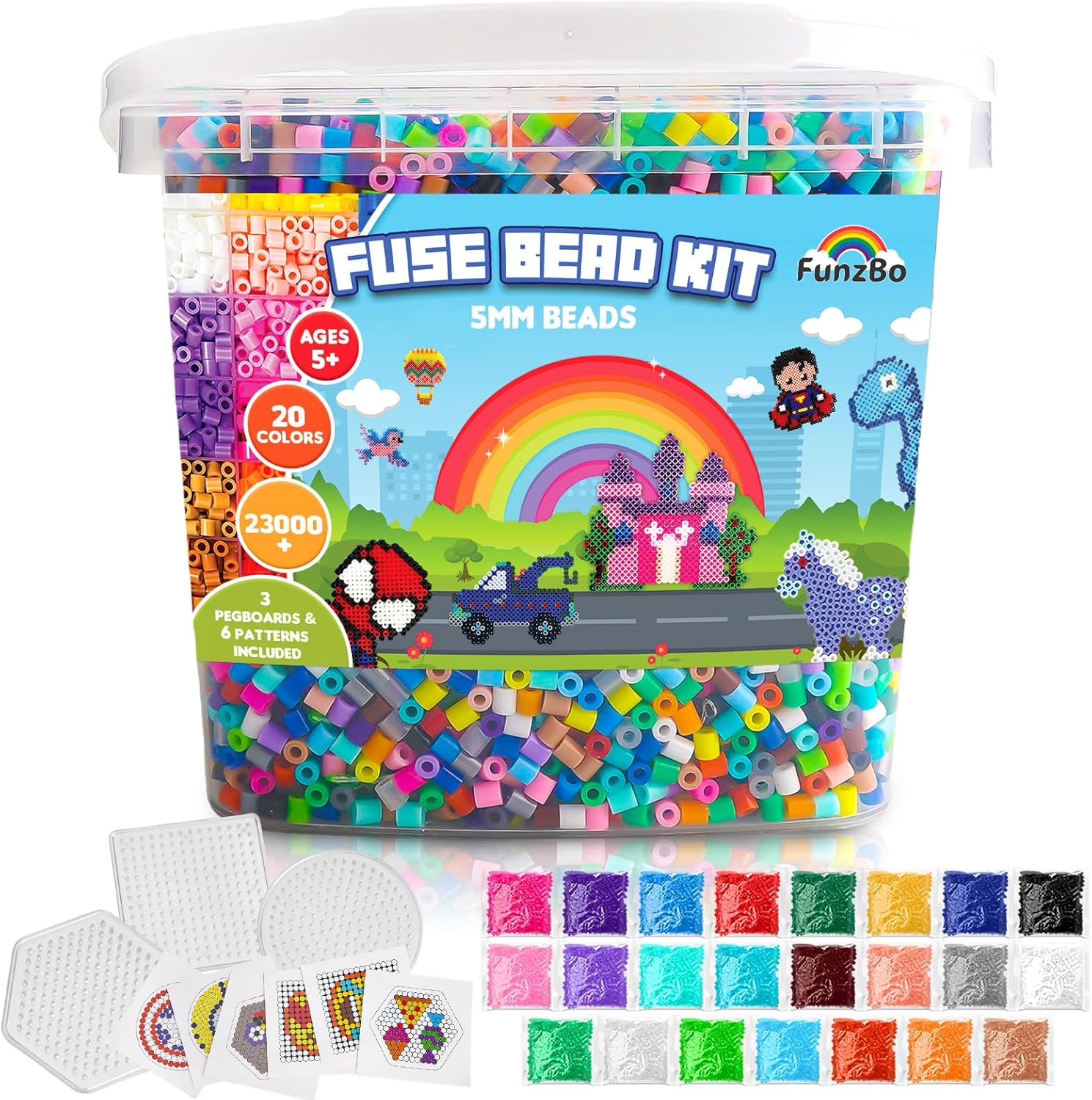 FUNZBO 23000+ 5mm Fuse Beads Kit - 23 Colors Refill Set with 3 Pegboards, Christmas Beads Crafts for Kids, Arts and Crafts Project, Toys Gifts for Girls and Boys Aged 5+ Years Old Gifts