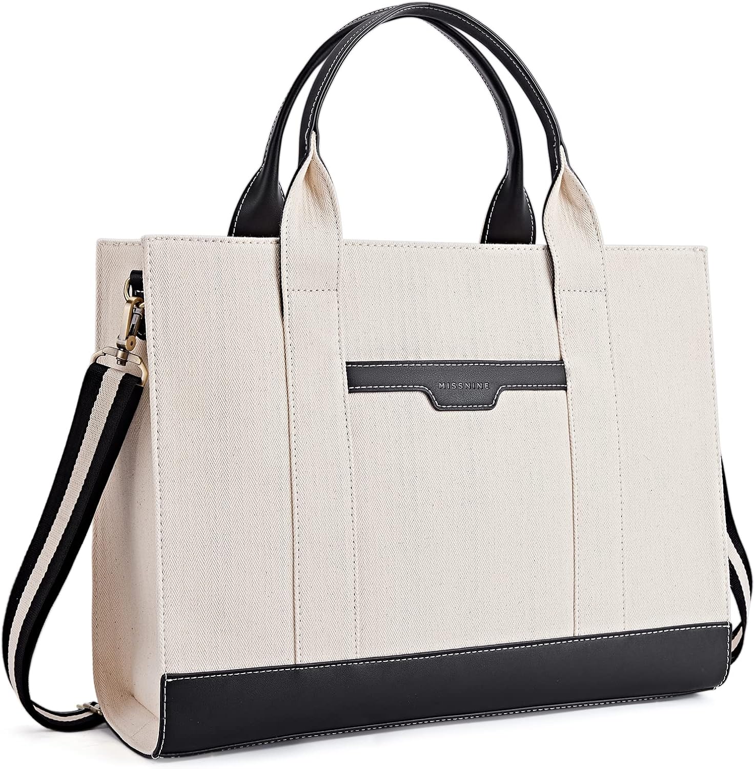 Missnine Tote Bag Canvas Laptop Bag 15.6 inch Briefcase for Women Large Capacity Handbag for Office, School, Travel, Classic Black, 16.1 inches, Contemporary