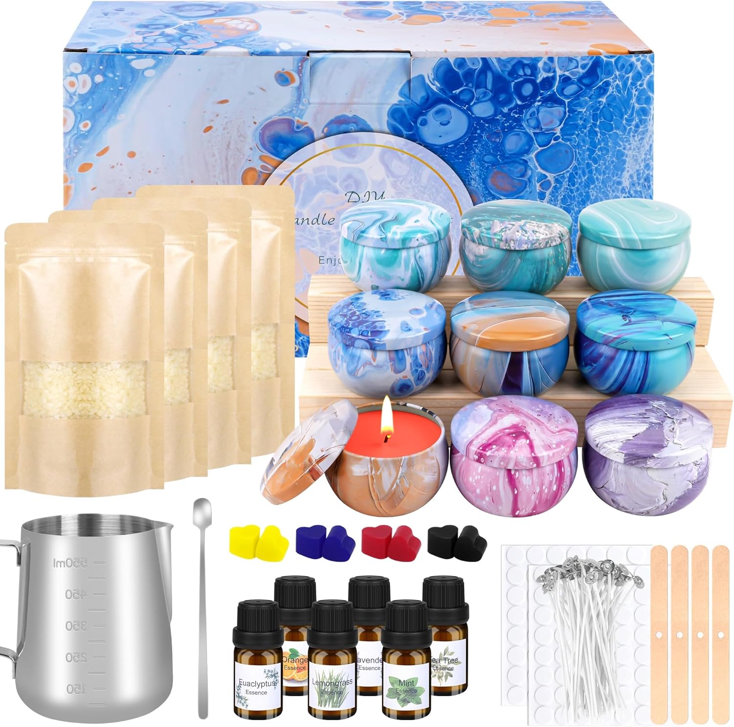 KEARLGMBH Candle Making Kit for Adult DIY Scented Candle with 9 Candle Tins,4 Beeswax,8 Dye Blocks,500ml Melting Pot etc Art Crafts Hobby Kits Gift Set