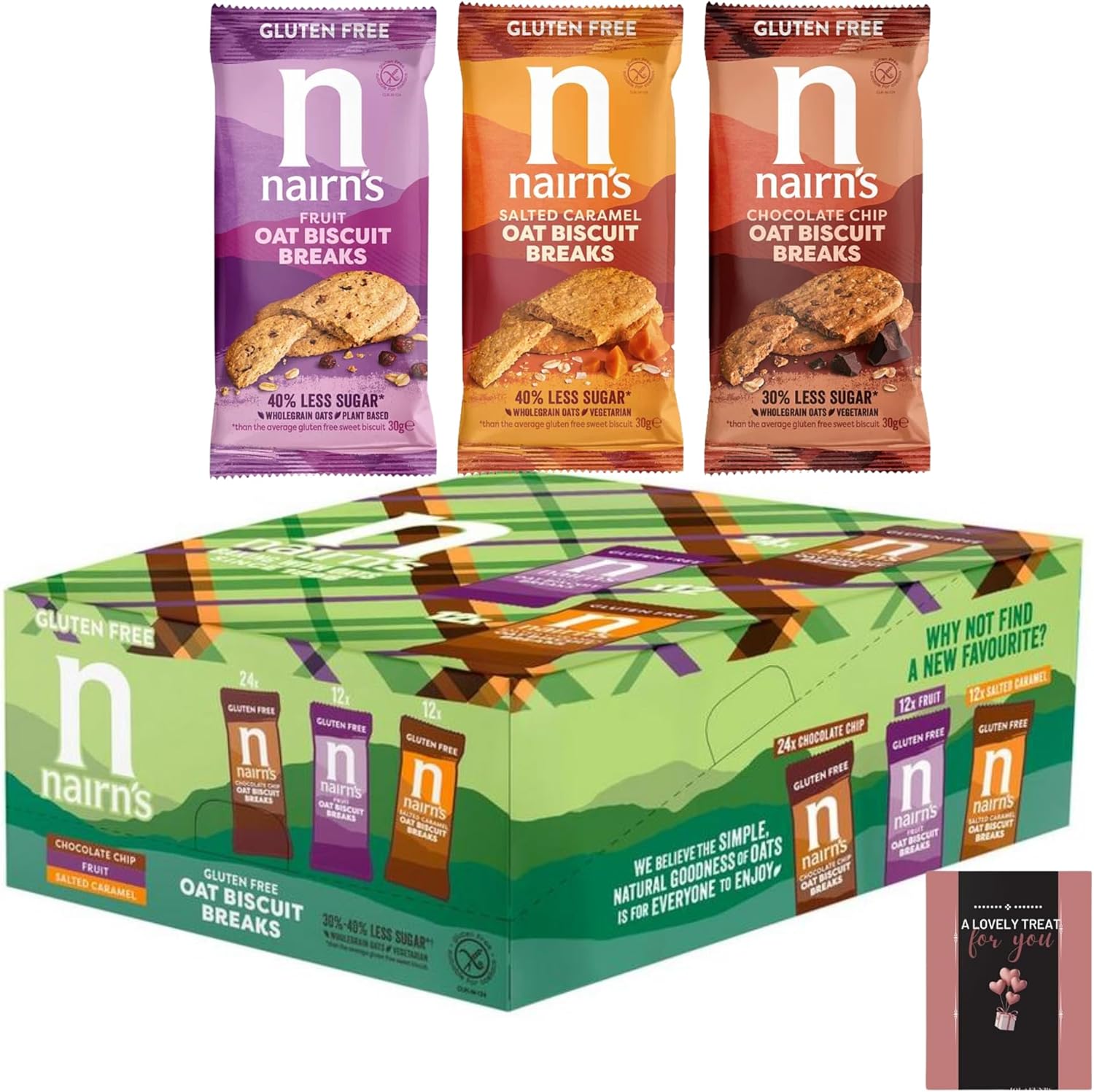 48 Gluten Biscuits Individually Wrapped Multipack Variety of Oat Biscuit Breaks, Chocolate Chip,Salted Caramel & Cards for Guests, Costumer, Offices On The Go Snack Box on Christmas Party or Birthday