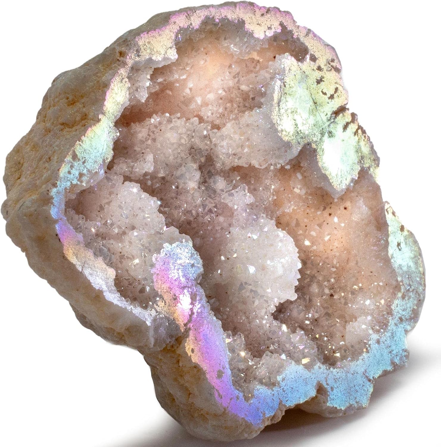 KALIFANO Angel Aura Quartz Geode - Titanium Bonded High Energy Crystal Cuarzo Cluster/Druzy with Information Card - Natural Reiki Rock Used for Clarity and Purpose (Family Owned and Operated)