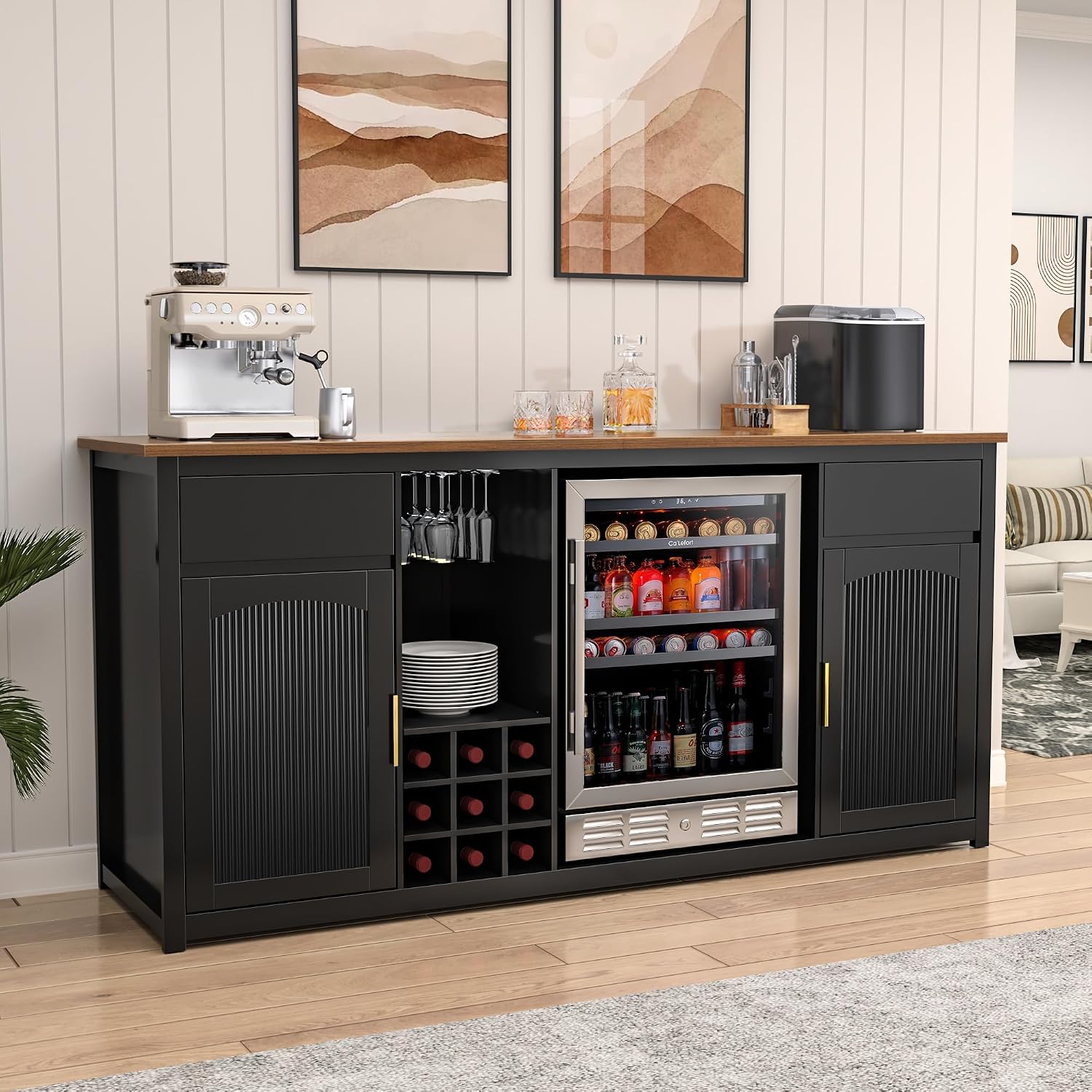GDLF 78.7" Home Bar Cabinet with Fridge Space, Fluted Wine Liquor Bar,Black
