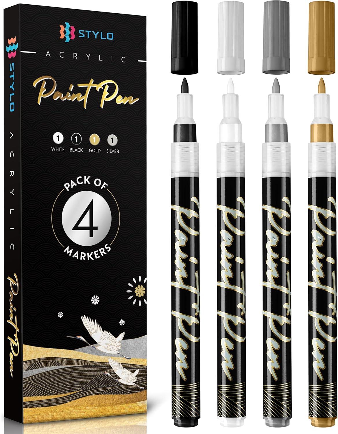 Stylo Metallic Acrylic Paint Pens - White, Black, Gold and Silver Permanent Acrylic Markers for Christmas Cards, Glass, Ceramic, Rock Painting, Ideal for Arts and Crafts (Pack of 4)