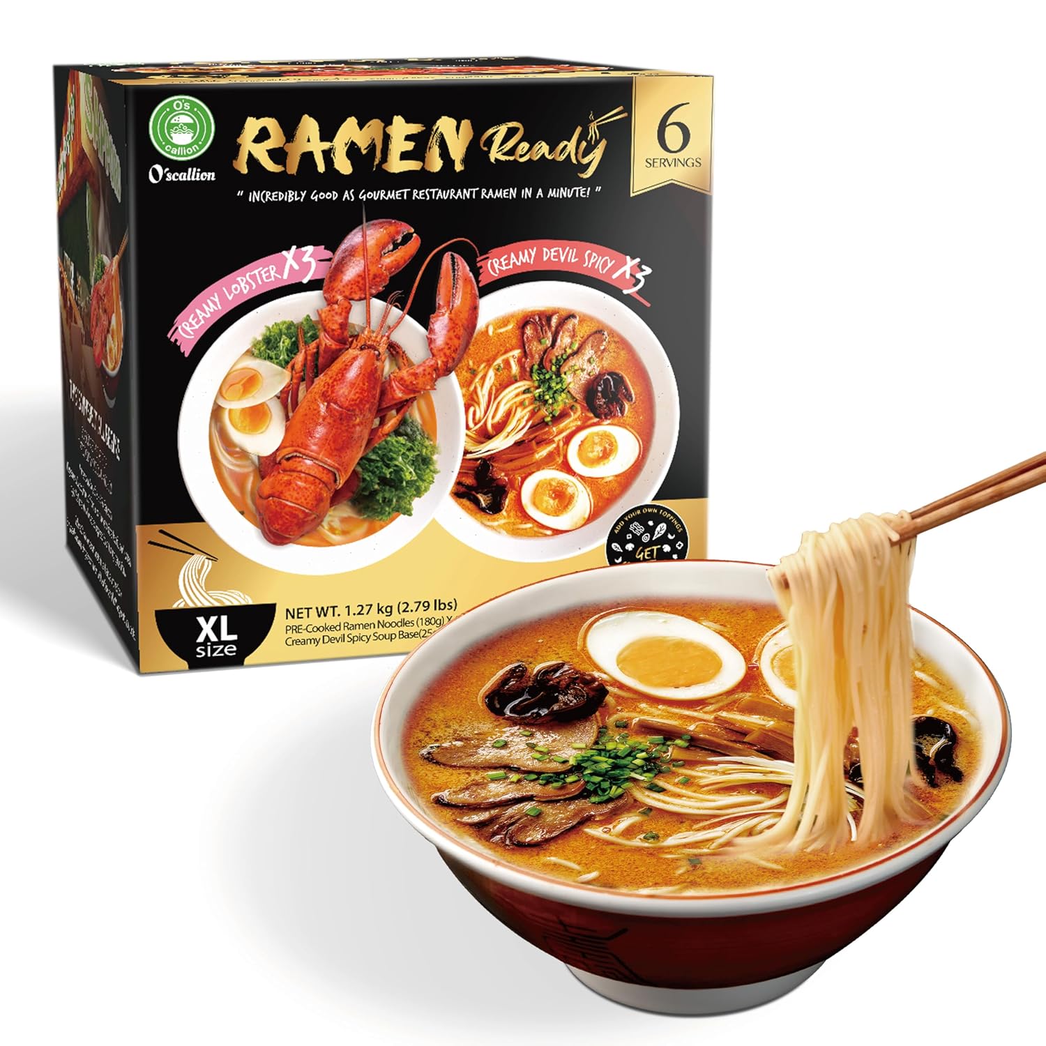 O'scallion Pack of 6 Ramen Noodles - Authentic Japanese Taste - Fresh Pre-Cooked Noodles, Rich Soup Base & Veggie Pack - Enjoy Restaurant-Style Ramen at Home in Seconds (6 Servings, Variety)