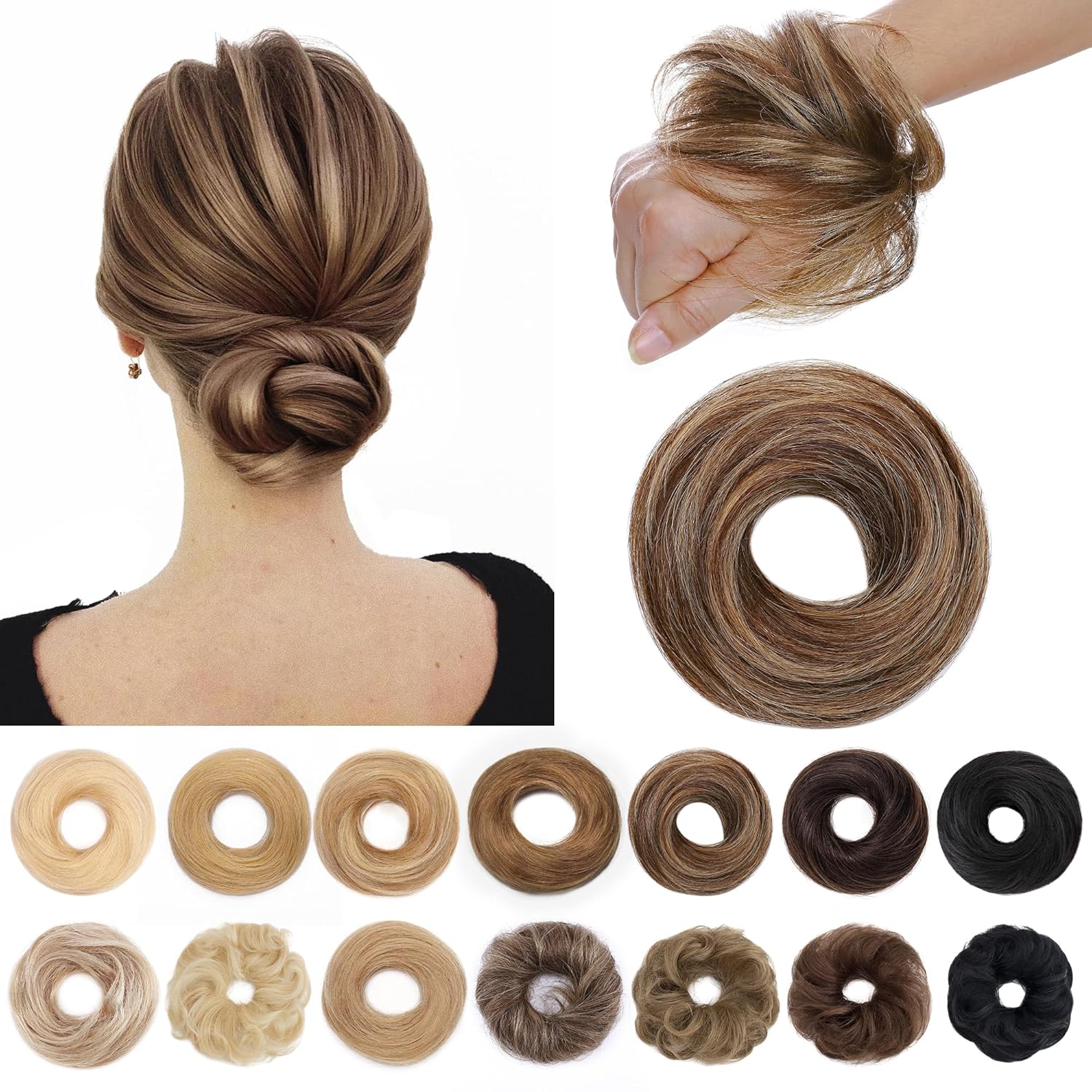 SEGO Human Hair Messy Bun Hairpieces Real Scrunchies Natural Wavy Smoothed Updo Donut Chignon Ponytail Extensions for Women Girls-#4P27 Medium Brown&Dark Blonde