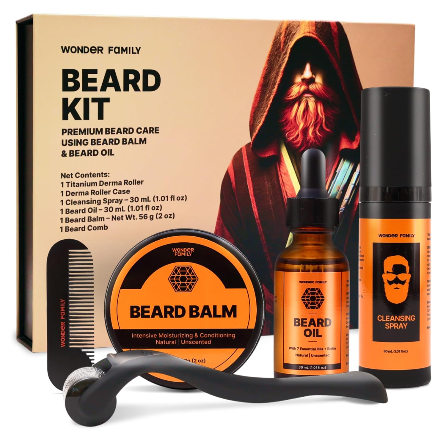 5-in-1 Beard Kit for Men Grooming and Care – Contains Beard Oil, Balm, Derma Roller, Cleansing Spray and Comb – Mustache Grooming Kit – Anniversary & Birthday Gifts for Men – Beard Care Kit