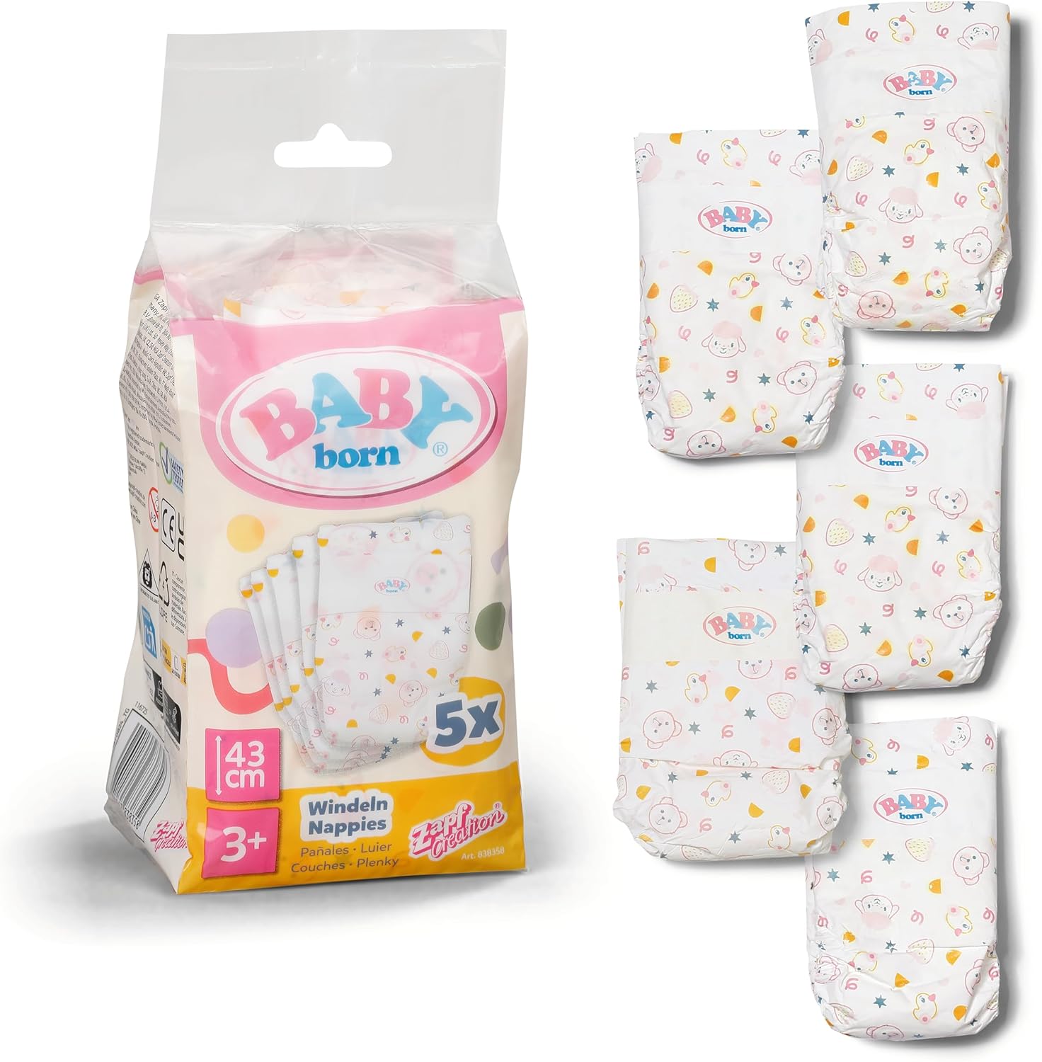 BABY born Nappies 5-Pack, Cute Nappy That Fits Dolls Up to 43cm, 838358 Zapf Creation, Pink