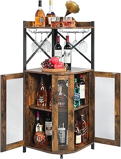 JKsmart Corner Bar Cabinet with Glass Holder, Industrial Wine Cabinet with Mesh Door, Liquor Bar Cabinet with Adjustable Shelf, Home Bar for Liquor and Wine Storage, Rustic Brown