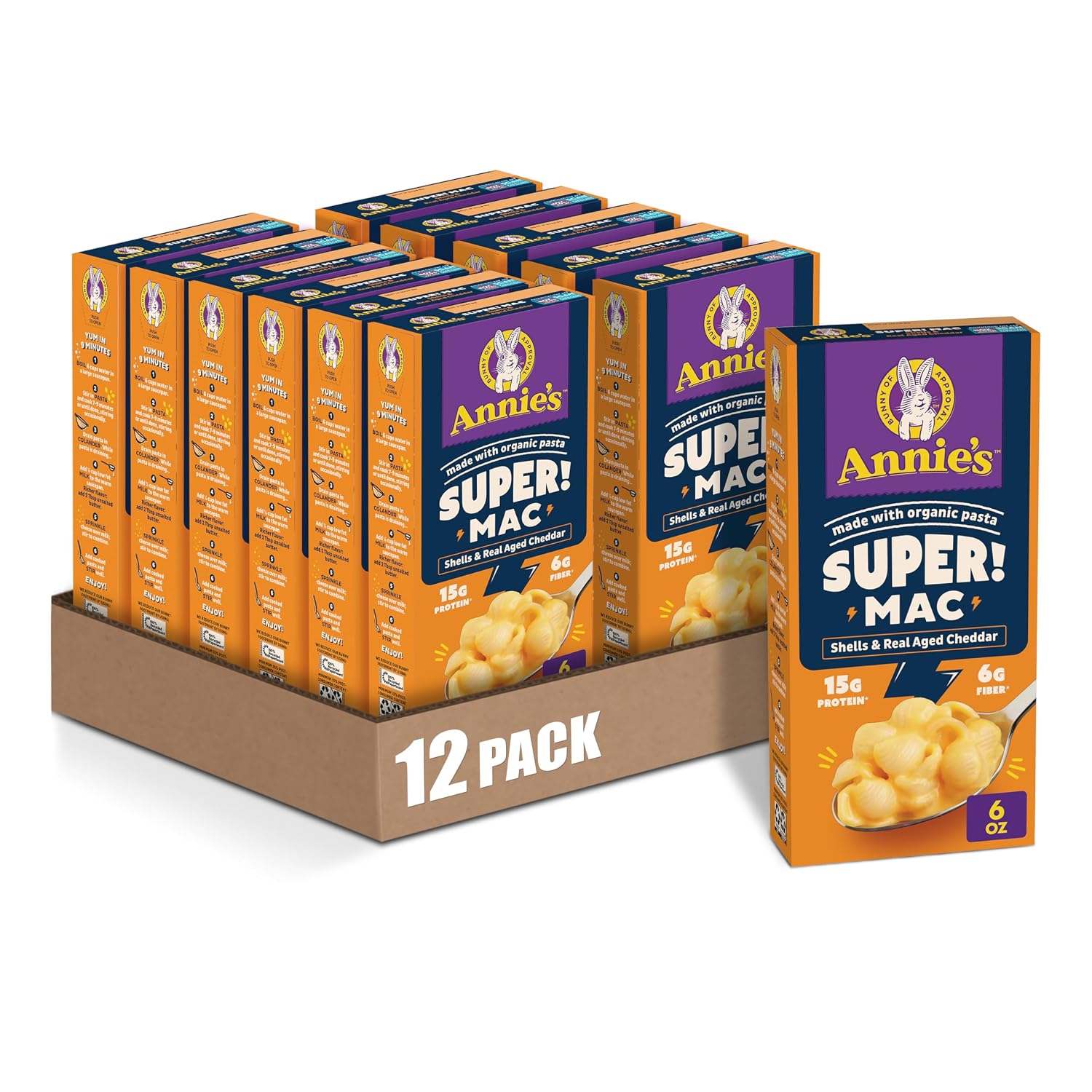 Annie's Super! Mac Shells and Real Aged Cheddar, Made with Organic Pasta, 6 oz (Pack of 12)