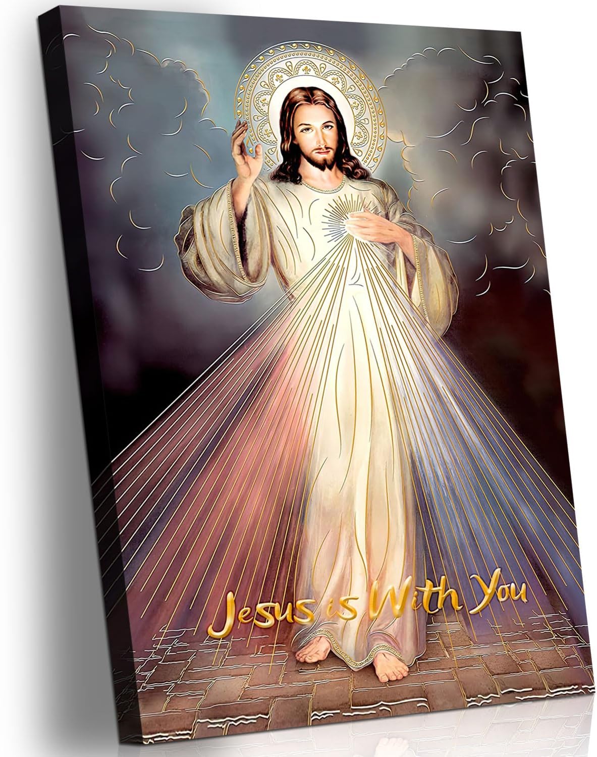 Framed Jesus Mercy wall art Canvas Decor Divine Catholic Christianity Sacred Heart for Faith living room bedroom dining room for Pictures Posters Prints Paintings Artwork 12x16 inch