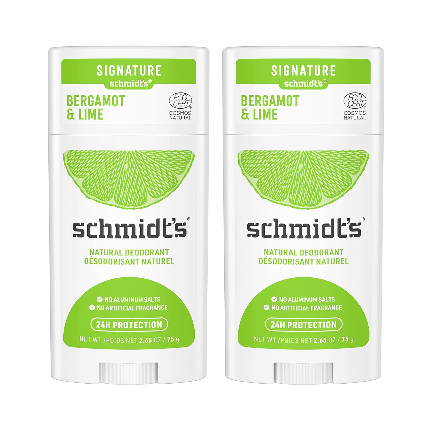 Schmidt's Aluminum Free Natural Deodorant For Women And Men, Bergamot & Lime With 24 Hour Odor Protection, Certified Cruelty Free, Vegan Deodorant, 2.65oz 2 Pack