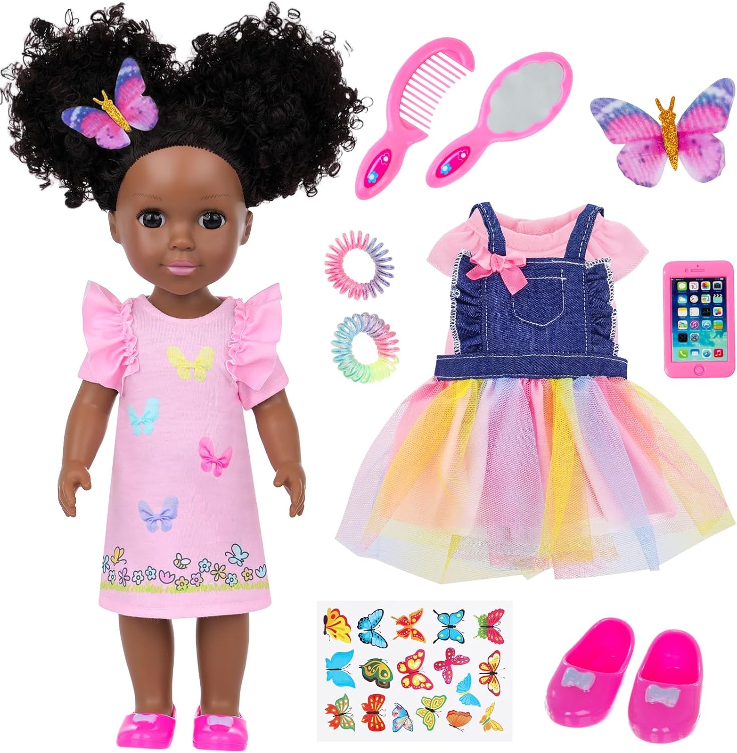 Ecore Fun 14.5 Inch Black Baby Doll with 12 Pcs Butterfly Theme Accessories - Realistic African Doll Black with Hair Clips, Comb, Mirror, Rainbow Dress, Pink T-Shirt, Phone, Stickers, Shoes