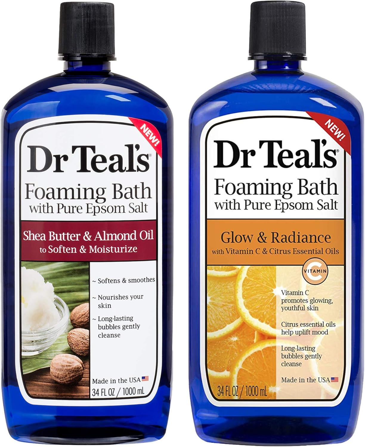 Dr Teal's Foaming Bath Combo Pack (68 fl oz Total), Moisturizing Shea Butter & Almond Oil, and Glow & Radiance with Vitamin C and Citrus Essential Oils