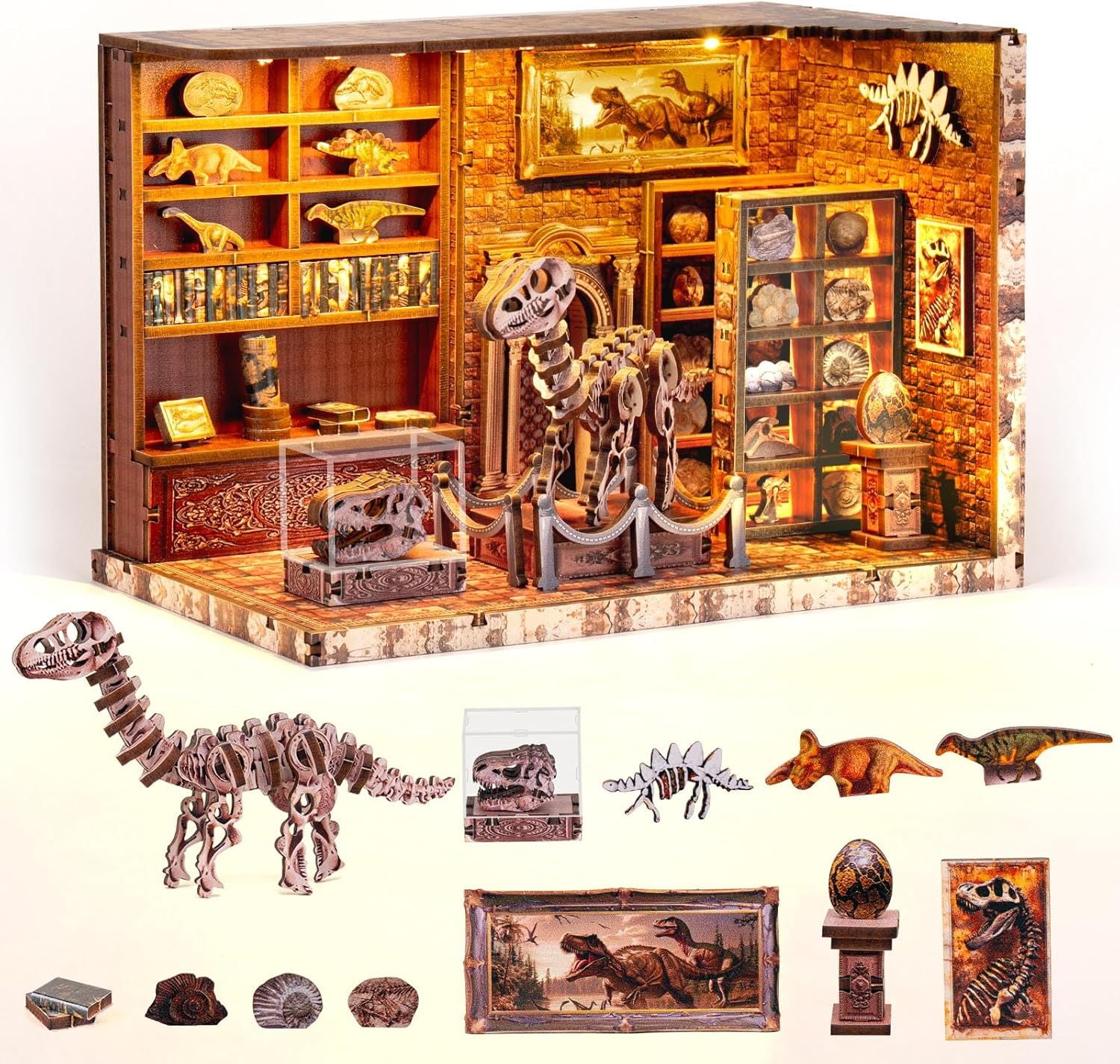 Book Nook Kit,3D Wood Puzzle LED Light DIY Miniature House Kit for Adults,Teens and Beginners, Dollhouse Bookshelf Decor Tiny Houses to Live in for Adults,Gifts for Family,Friends（Dinosaur Museum）