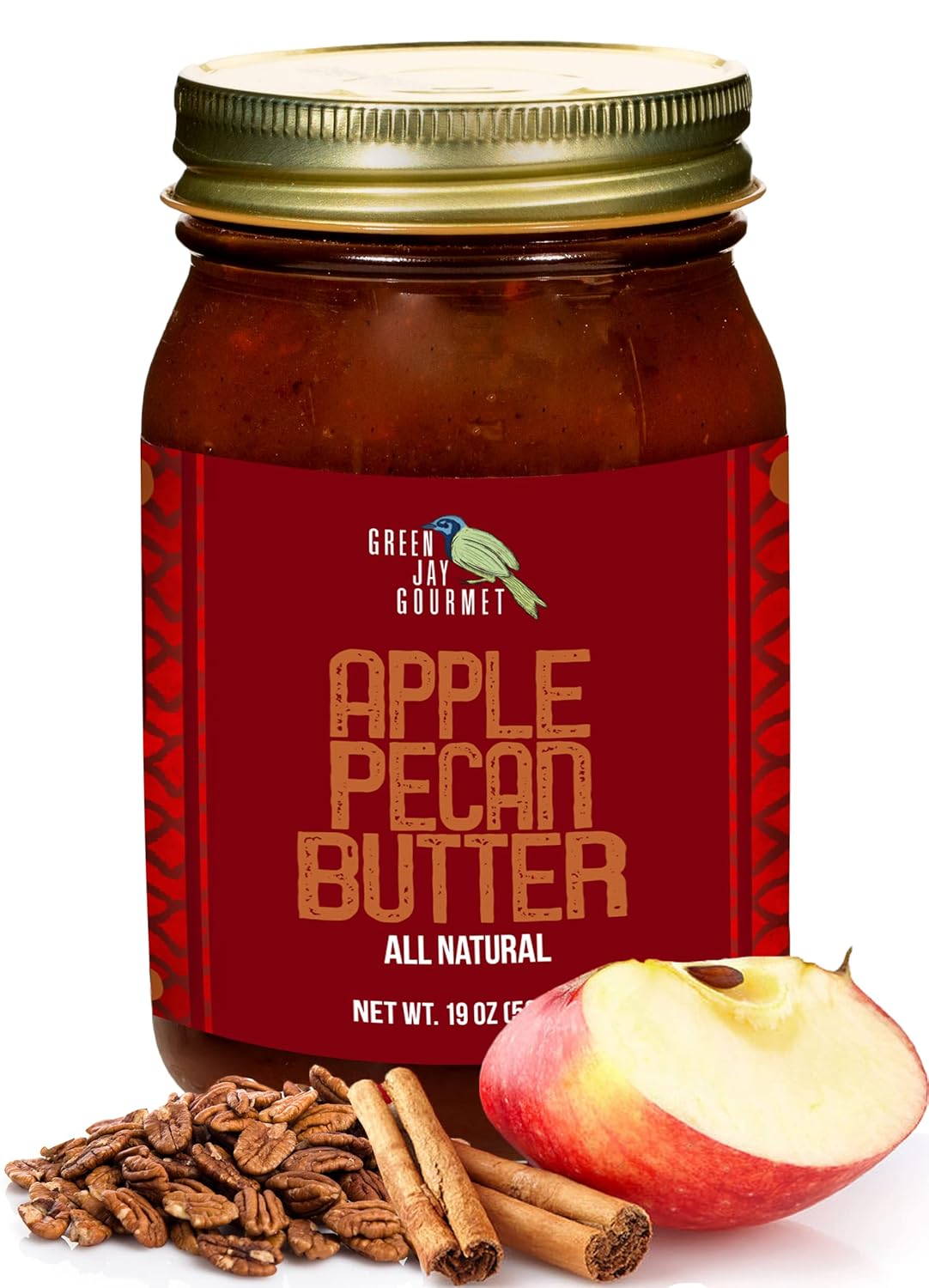 Green Jay Gourmet Apple Pecan Butter - All-Natural, Gluten-Free Fruit Spread - Pecan Apple Butter with Cinnamon - Gourmet Fruit - No Corn Syrup, Preservatives or Trans-Fats - 19 Ounces