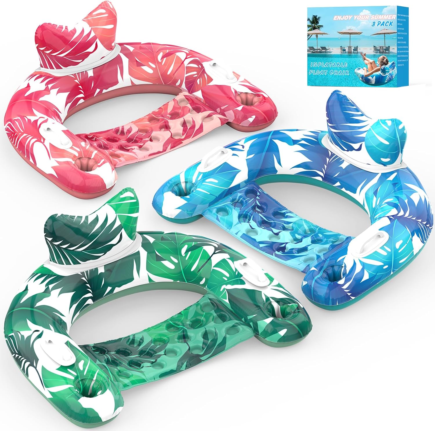 Pool Floats, 3 Pack Inflatable Pool Float Chairs with Cupholders & Handles, Pool Floats Adult & Kids Perfect for Pool Lake & Rivers, Pool Toys Party, Relaxing Inflatable Chair for Swimming Pool