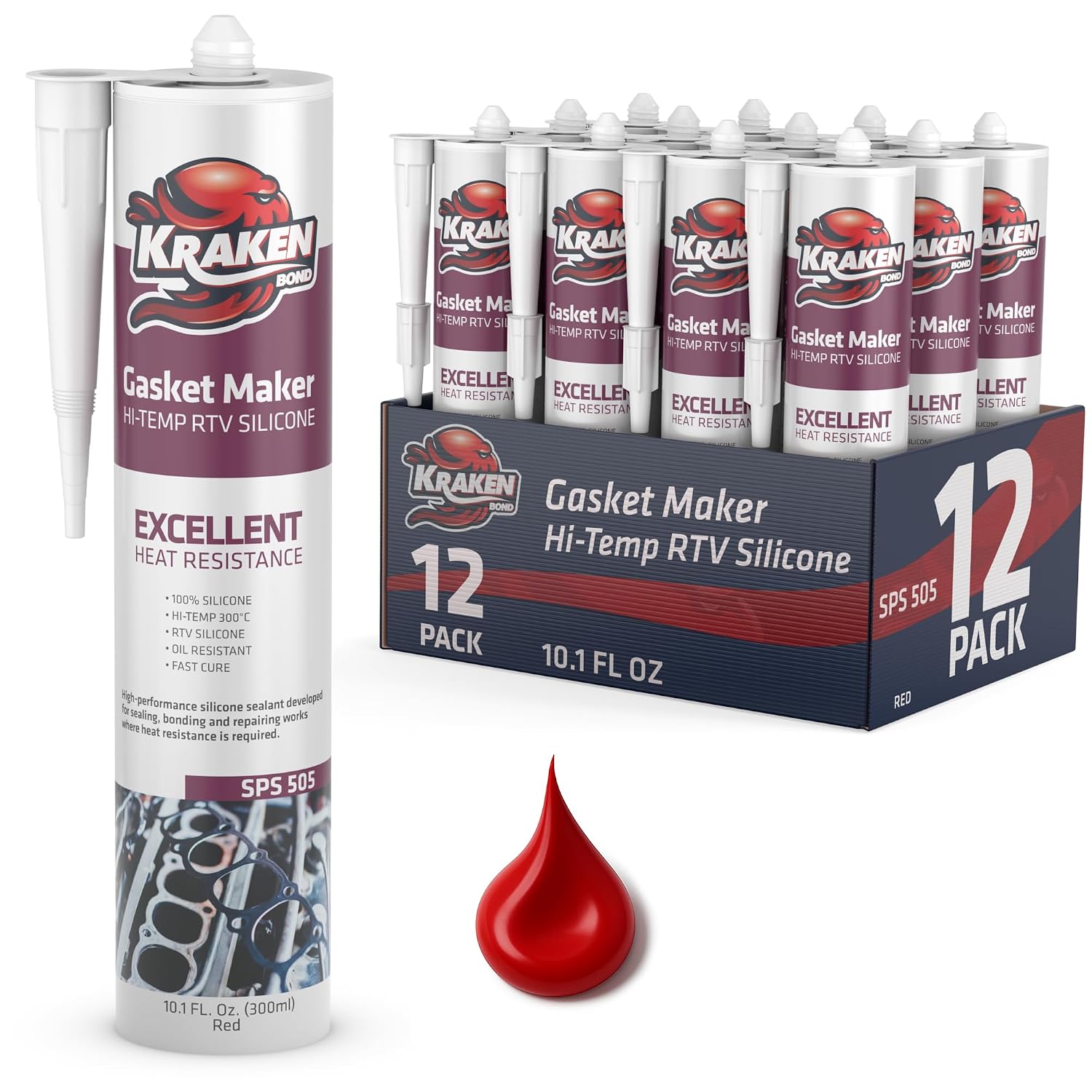 Kraken Bond Red RTV Silicone Gasket Maker - (12x10.1 fl.oz) High Temp Silicone Sealant for Automotive, Heat Resistant Up to 600F, Oil Resistant Automotive Silicone Sealant, 12 Pack