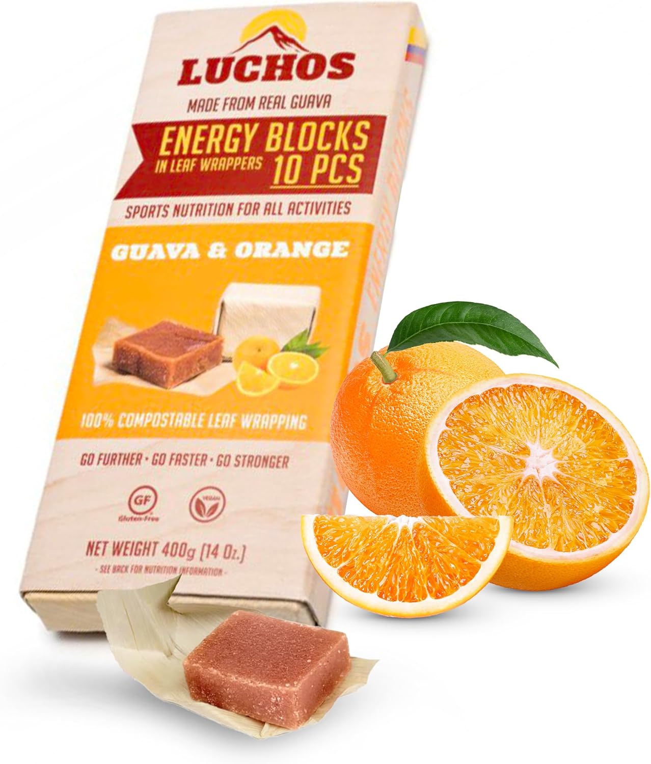 LUCHOS Natural Energy Bars Blocks for Running, Hiking, Cycling, Sports Nutrition, Healthy Snacks, High Carb, Protein, Vegan and Gluten Free, Guava and Orange, 10 Pieces