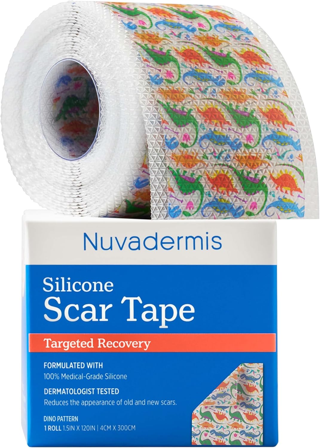 NUVADERMIS Silicone Scar Tape for Kids - Scar Tape for Surgical Scars - 120" x 1.5" Roll - Reusable Medical Grade Silicone Scar Tape for Children - 1 Pack - Dinosaurs