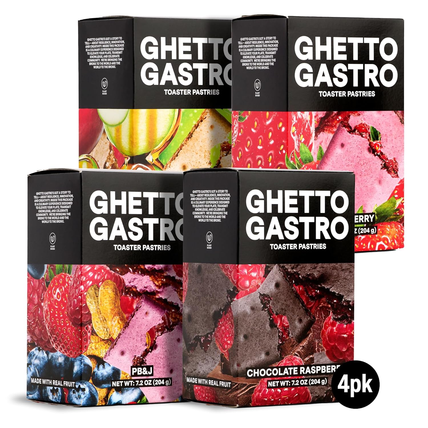 Ghetto Gastro Toaster Pastries Variety 4-Pack (Strawberry, Chocolate Raspberry, Maple Apple Cinnamon, Peanut Butter & Jelly) - Plant Based, Vegan & Non-GMO Ingredients, Kosher Certified - (16 Bars)