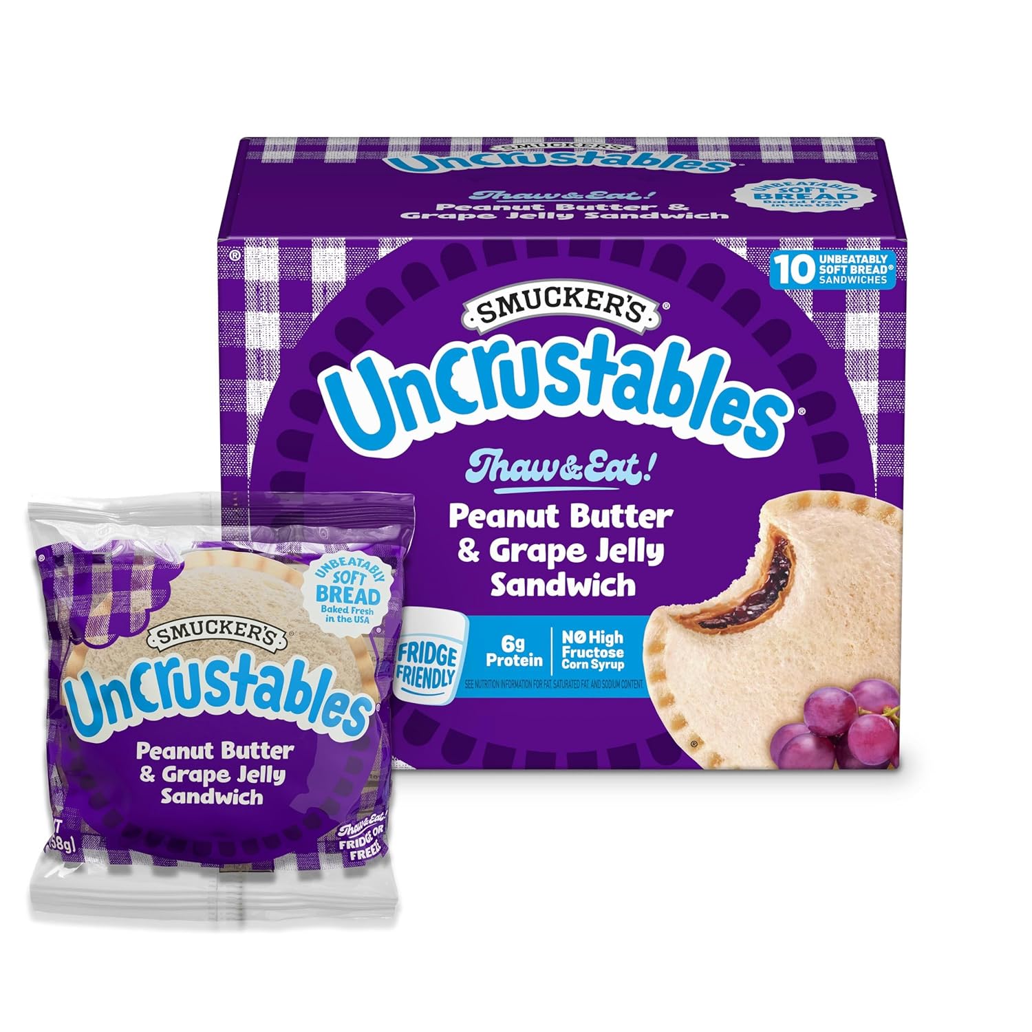 Smucker’s Uncrustables Peanut Butter & Grape Jelly Sandwiches, 10 (Frozen) | 2-oz. frozen sandwiches, Fridge Friendly for up to 5 days, Unbeatably Soft Bread baked with no artificial preservatives