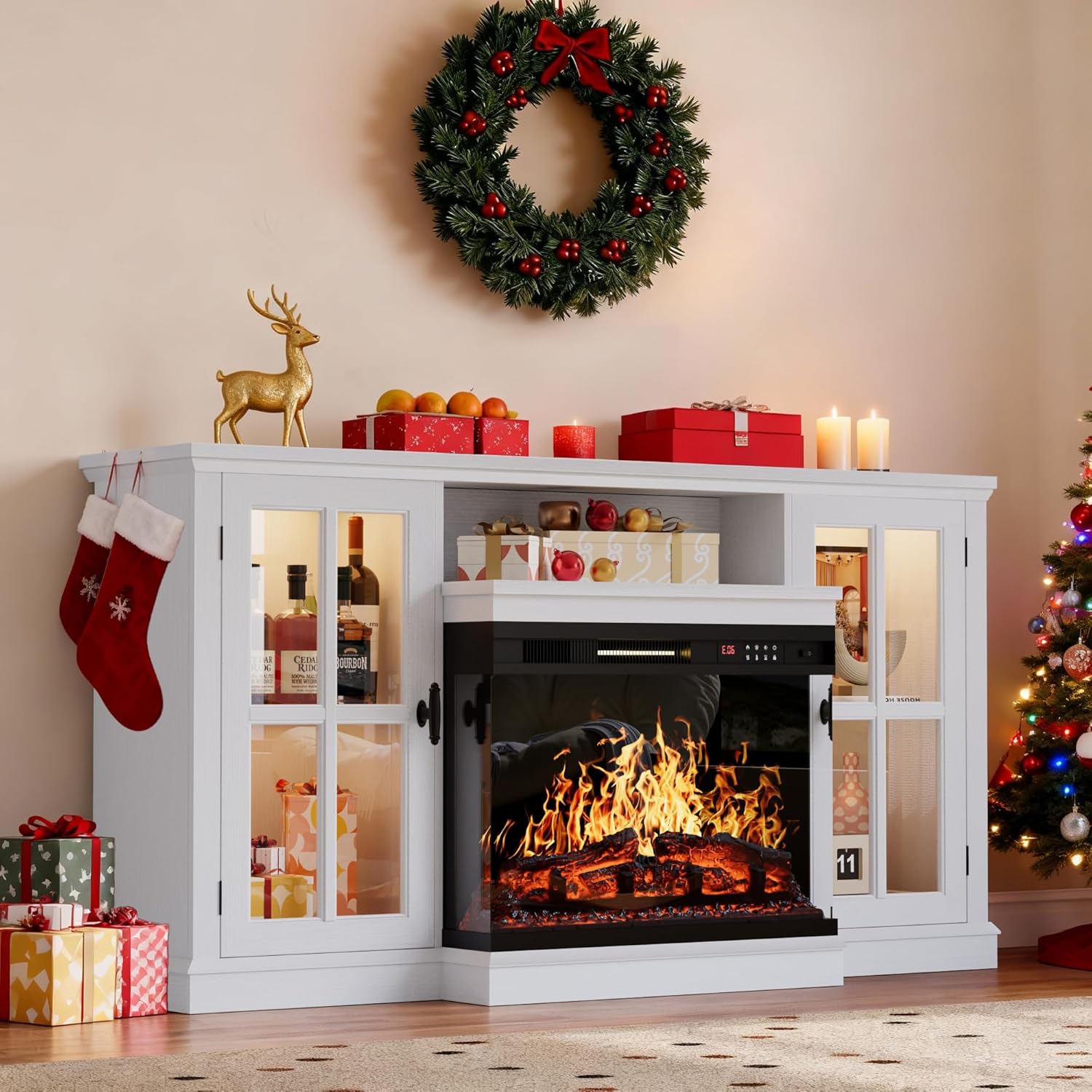 YESHOMY Glass Fireplace TV Stand for Televisions up to 65", Media Entertainment Center Console Table with Led Lights, White Wash