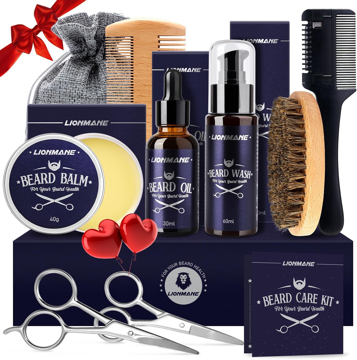 Beard Care Kit for Men, Father’s Day Gifts for Dad, LIONMANE Beard Grooming Kit-Beard Balm,Beard Wash & Oil,Comb,Brush,Scissors, Hair Thinning Comb,Anniversary Birthday Gifts for Him/Husband/Boyfriend